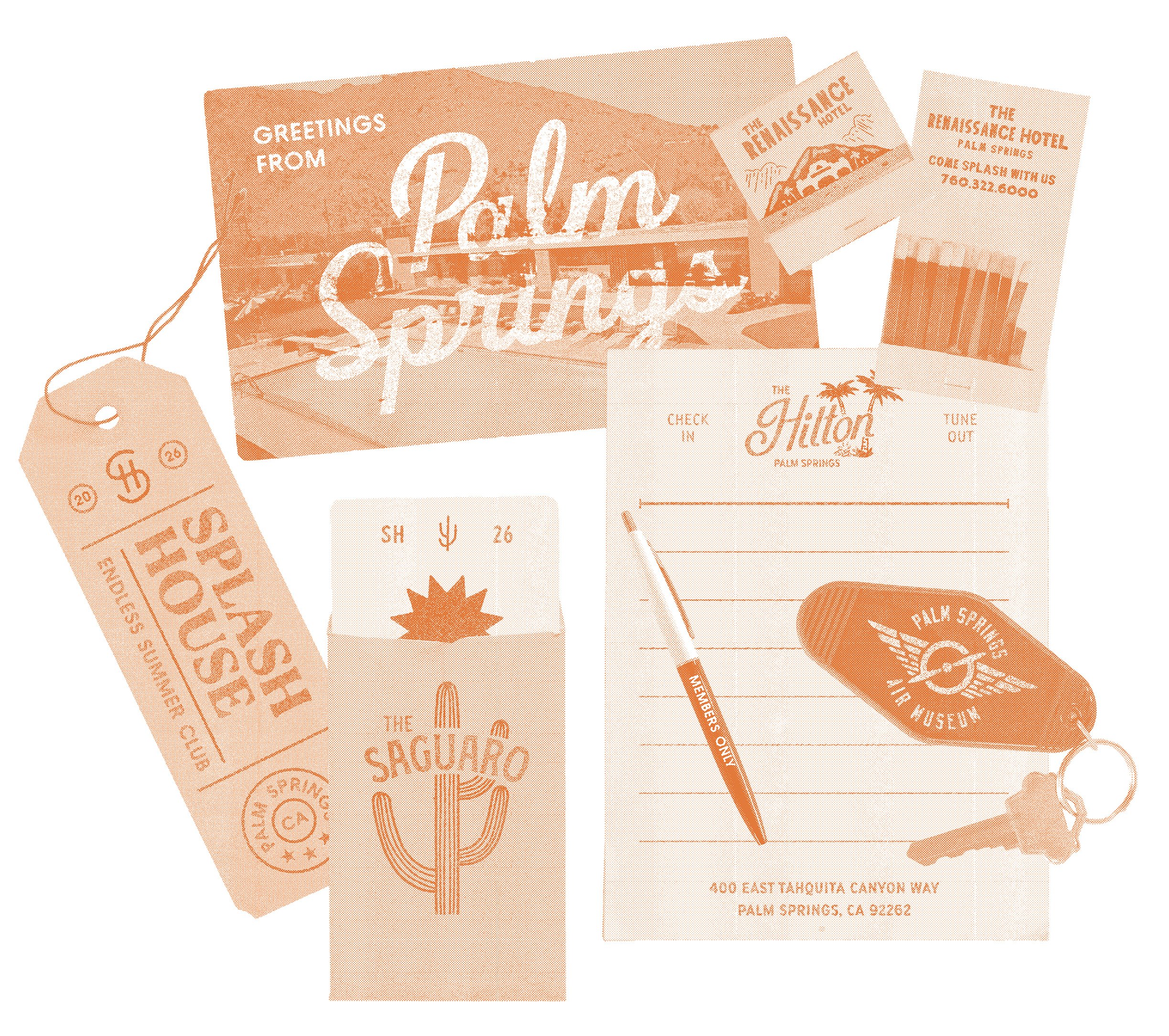 Splash House merch collection vintage hotel memorabilia tag, room key, notebook, postcard, and matchbooks branded.
