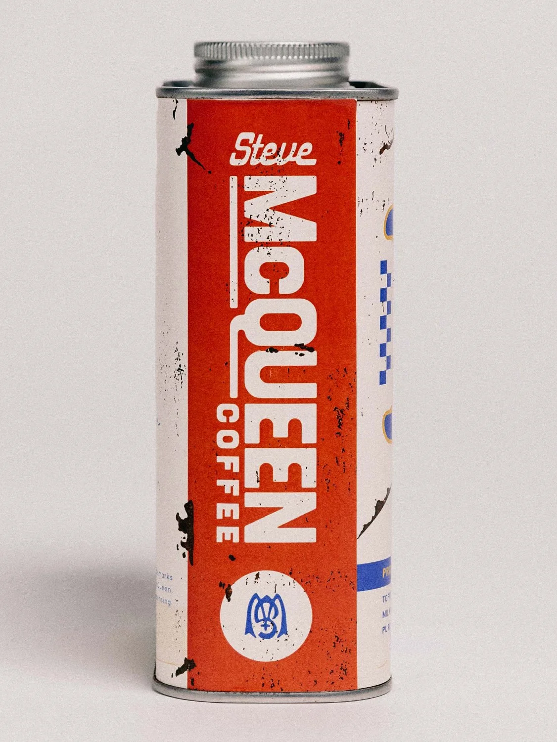 Vintage-inspired coffee tin packaging side logo design for Steve McQueen Coffee brand