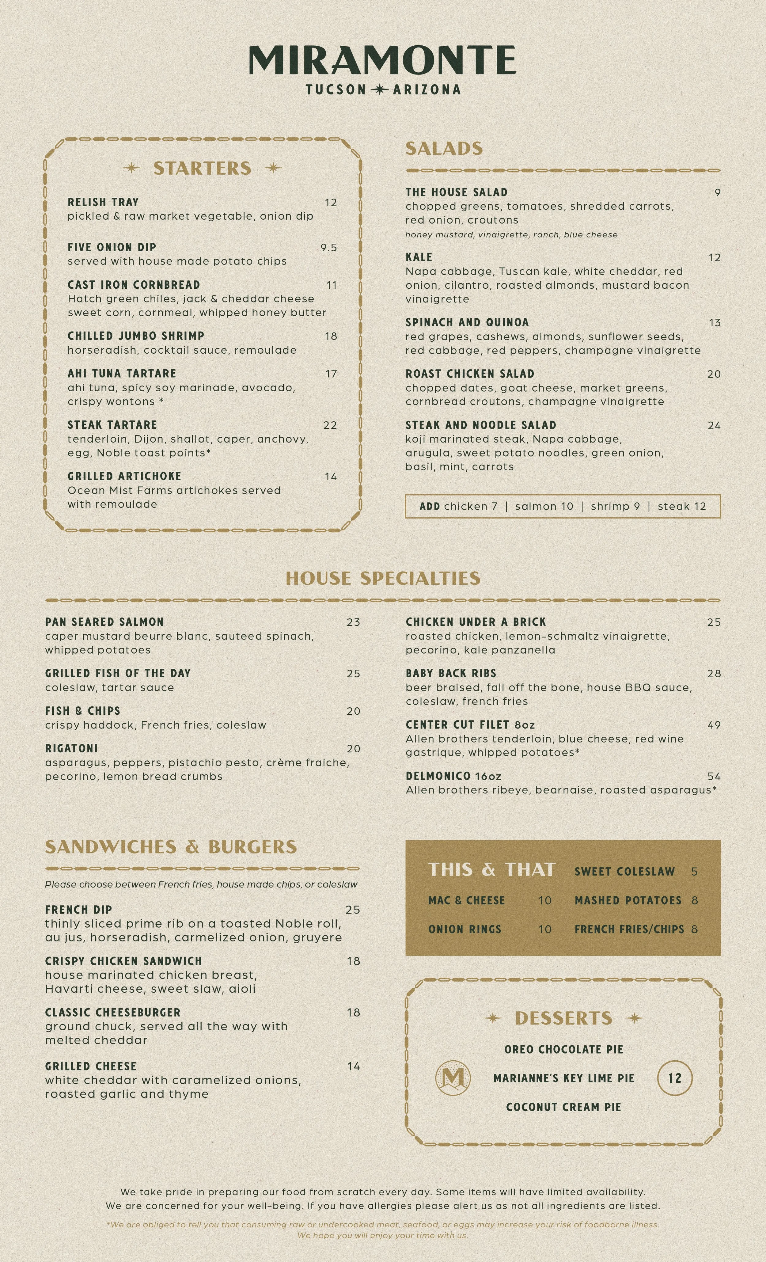 Dinner menu design for Miramonte Tucson restaurant showing brand identity