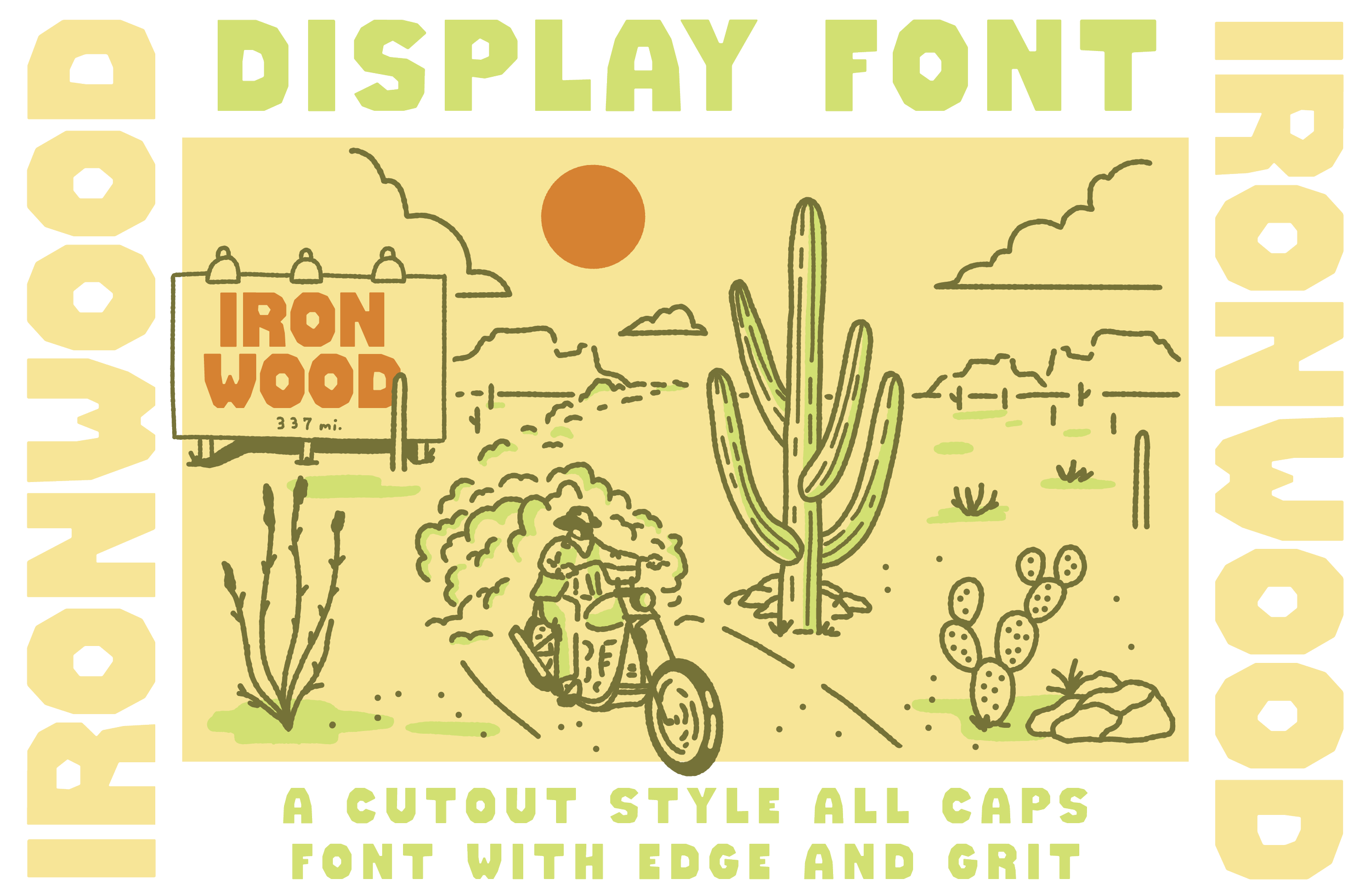 Vintage desert motorcycle western landscape linework illustration for western display font ironwood.