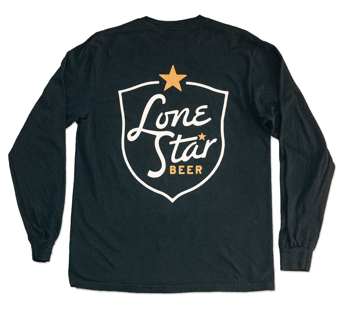 Classic shield script merch design lockup detail on long sleeve shirt for Lone Star Beer merch collection