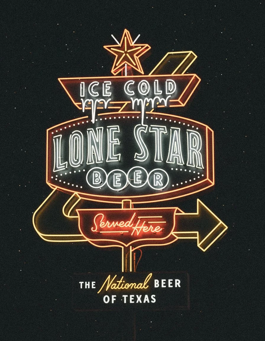 Ice cold Lone Star Beer neon sign artwork with Texas night sky