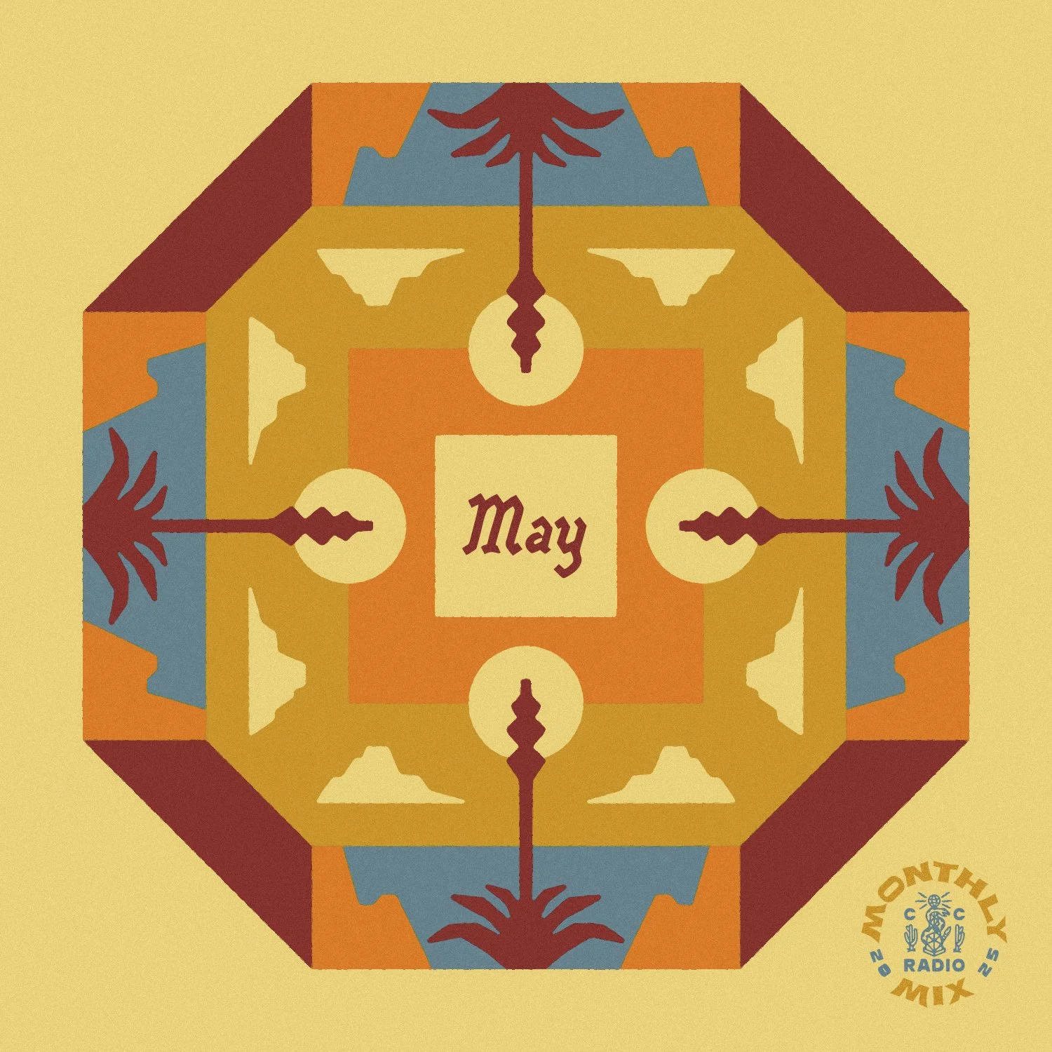 Cosmic desertwave playlist cover featuring a blooming century plant with a gold, blue, and red desert landscape for May 2025 spectral soundscapes