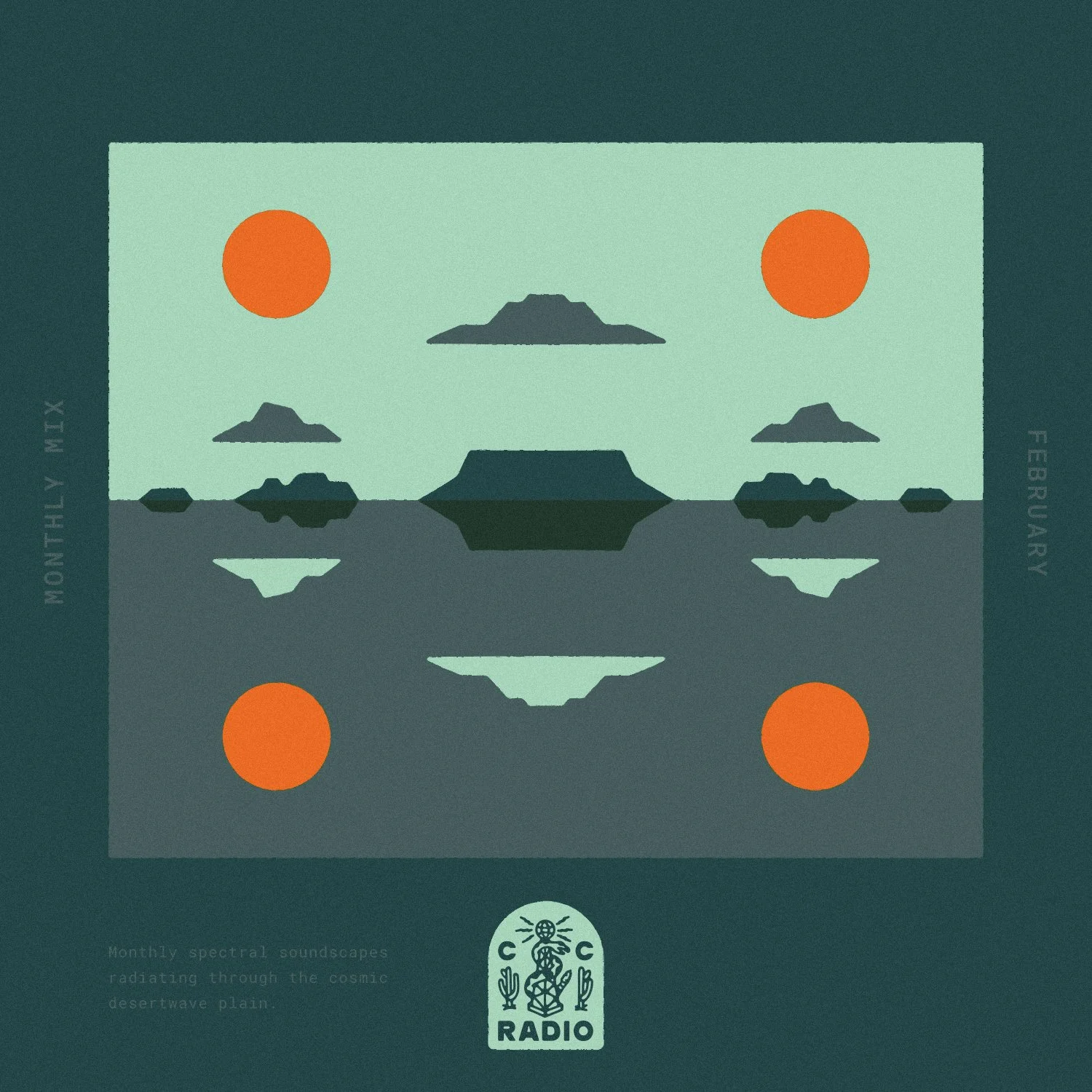 Cosmic desertwave playlist cover featuring a green color study and desert landscape for February 2026 spectral soundscapes