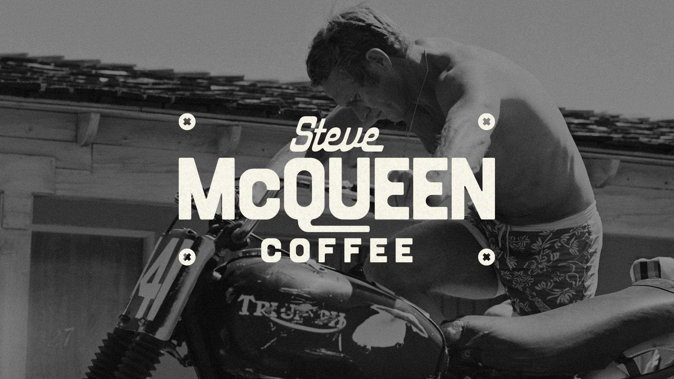 Steve McQueen Coffee primary logo design inspired by vintage motorcycle badges