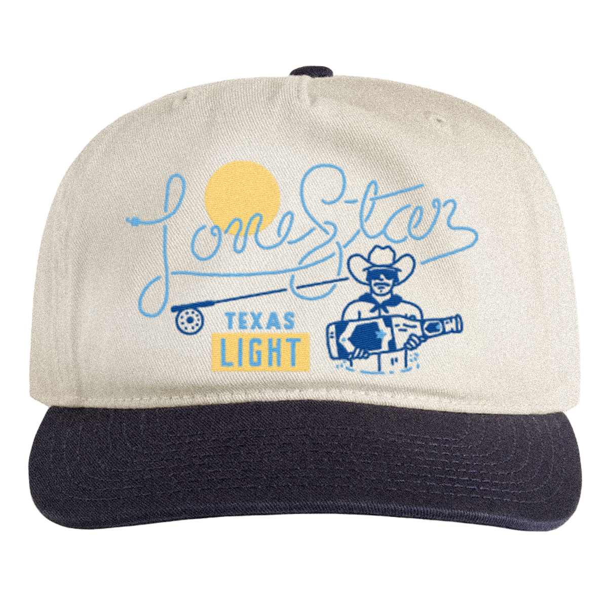 Lone Star Beer embroidered hat detail featuring vintage fly fish design with script lettering and cowboy with beer bottle trophy