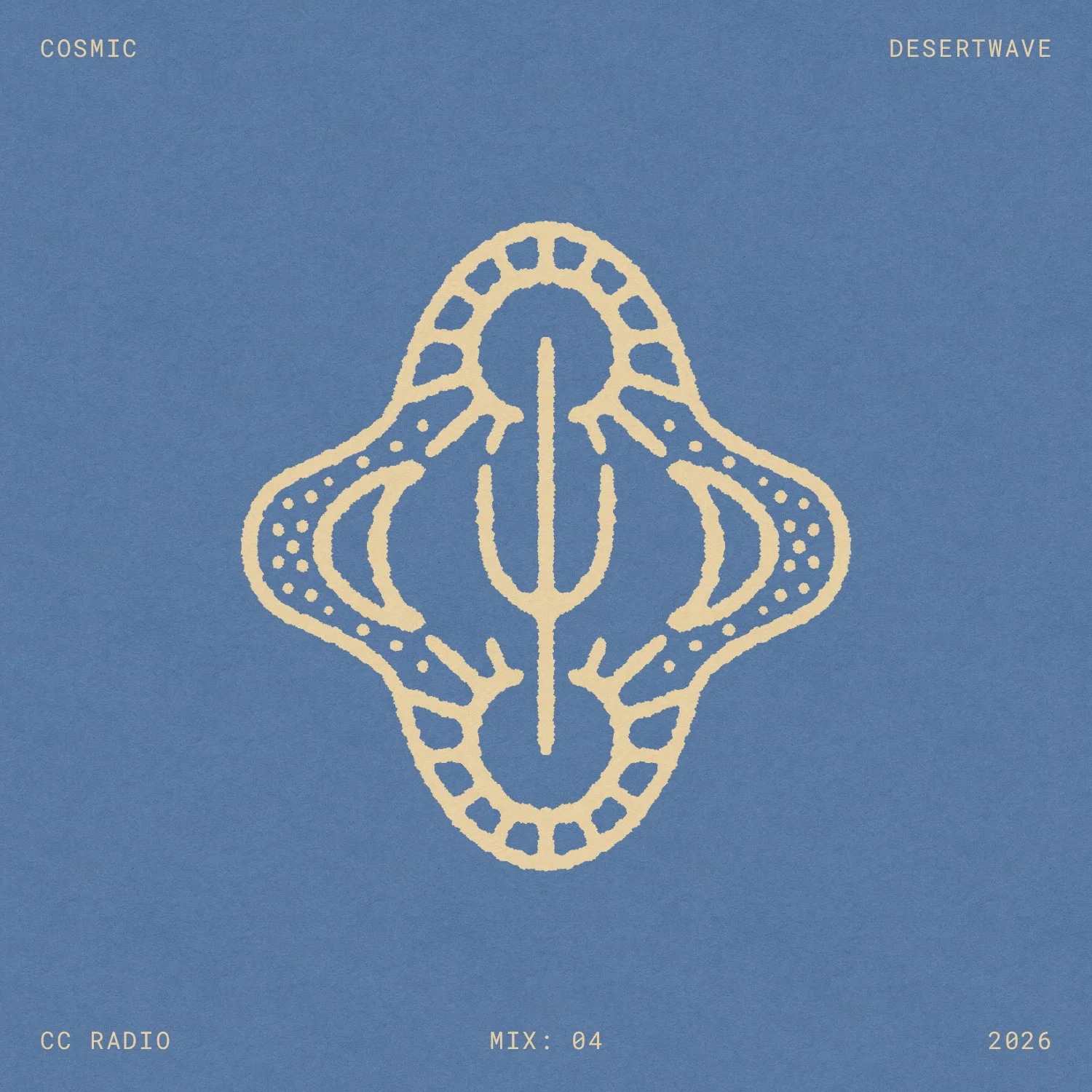 Cosmic Desertwave playlist cover for cactus country radio, featuring a southwestern border, saguaro cactus, sun and moon.