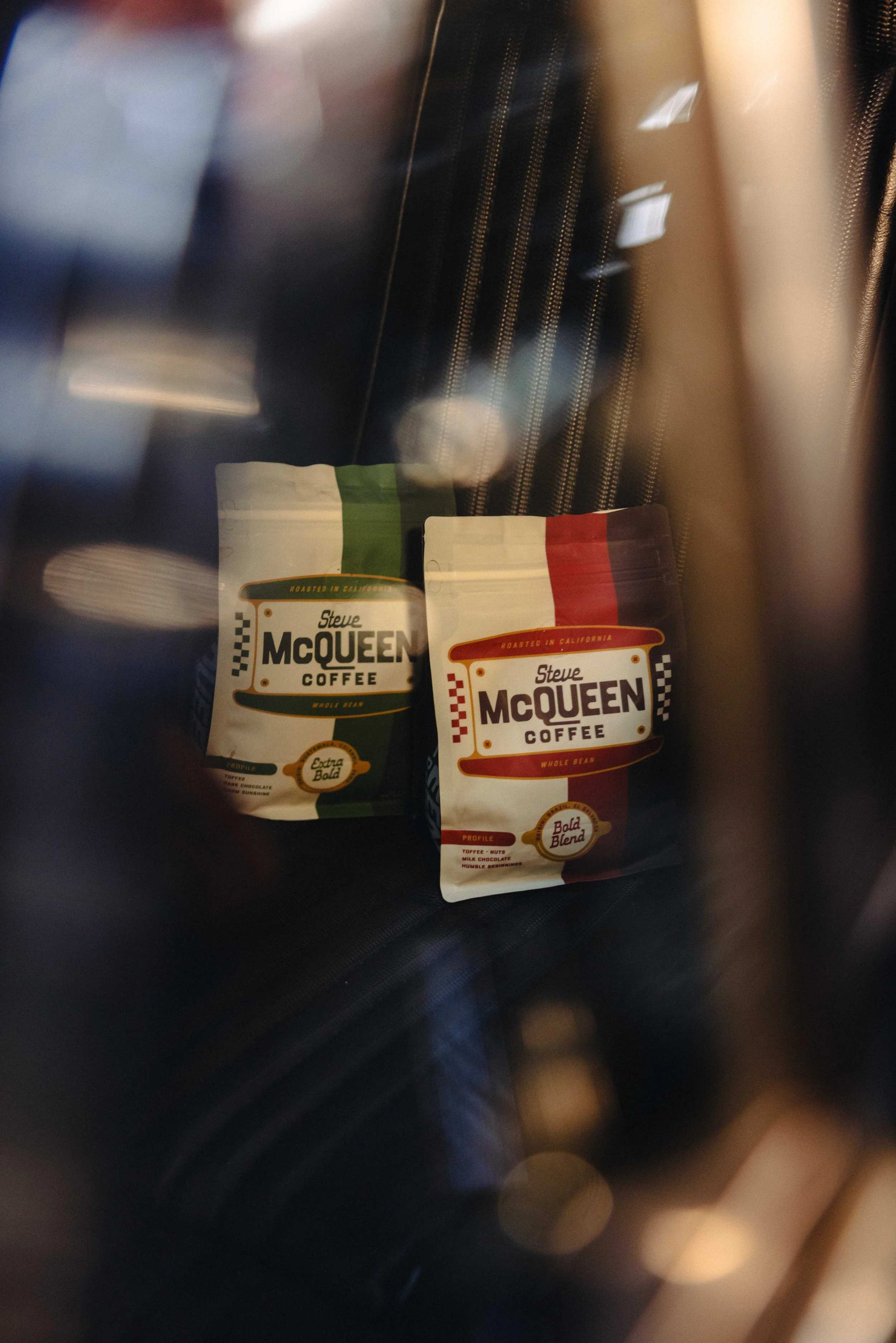 Brand packaging design for Steve McQueen Coffee showing soft refill pouch flavors and varieties
