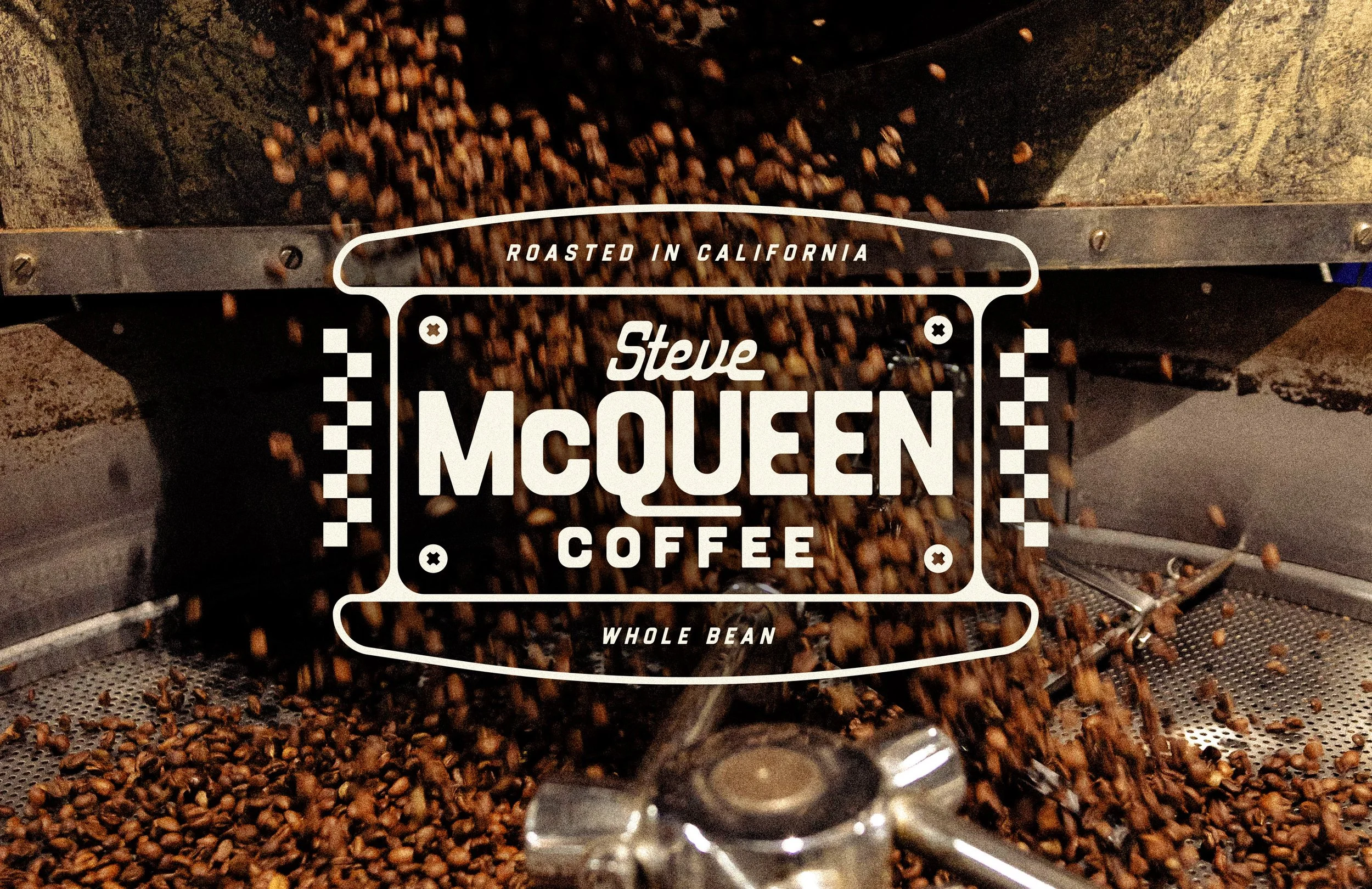 Brand identity mark for Steve McQueen Coffee with motorsport heritage details over image of roasting coffee beans