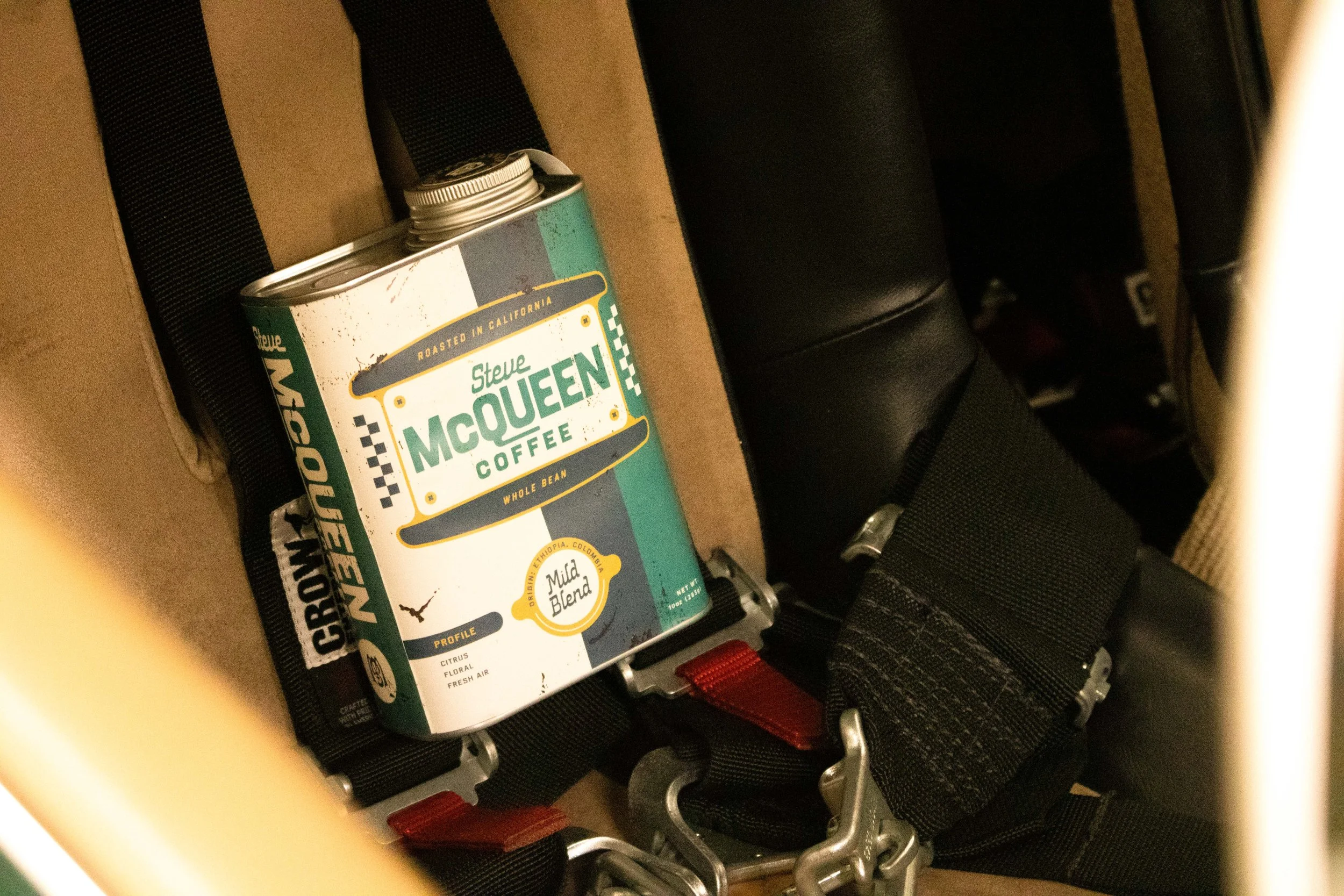 Steve McQueen Coffee packaging styled with vintage automotive elements