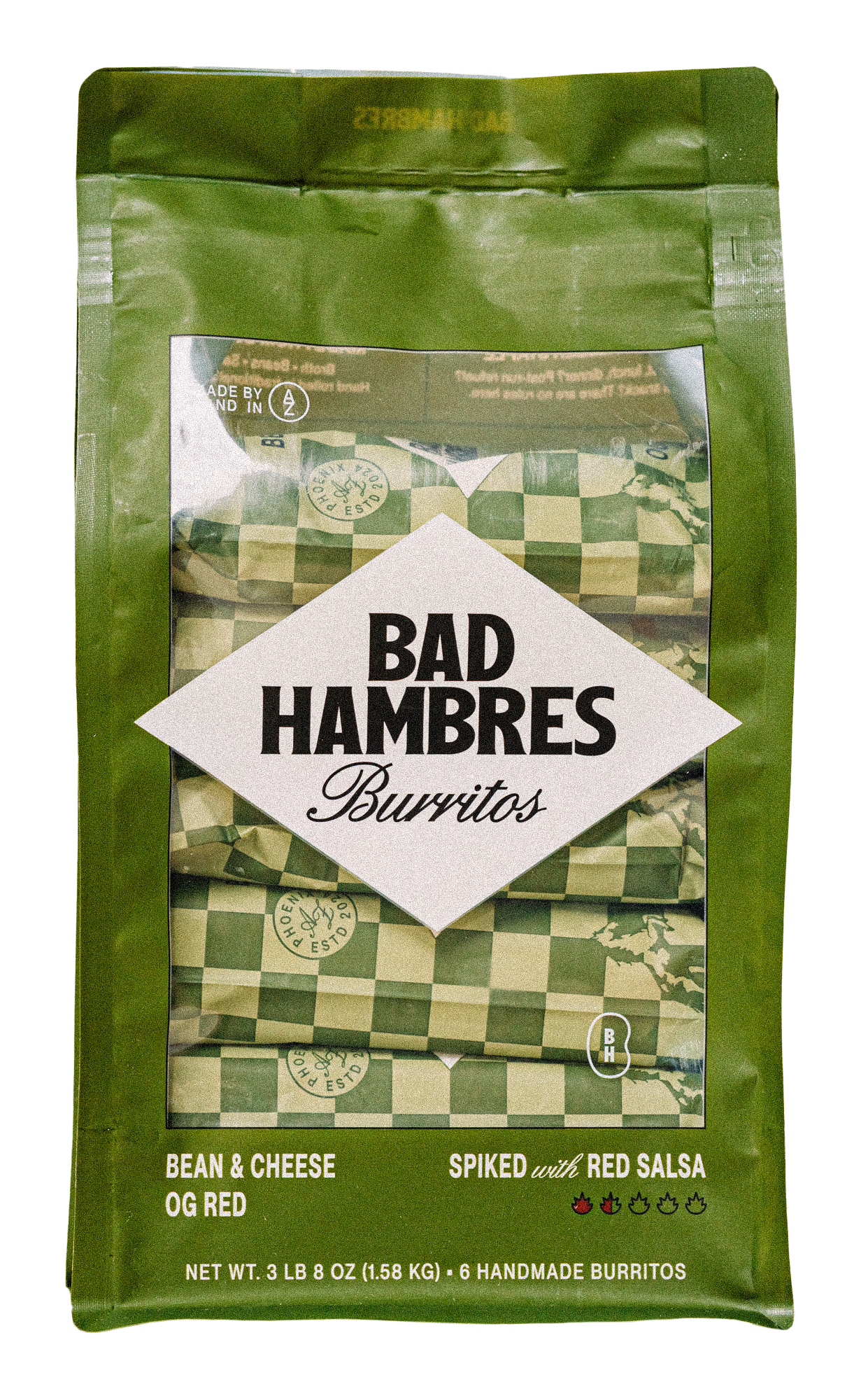 Close-up of Bad Hambres 6-pack bag showing custom branding and messaging front