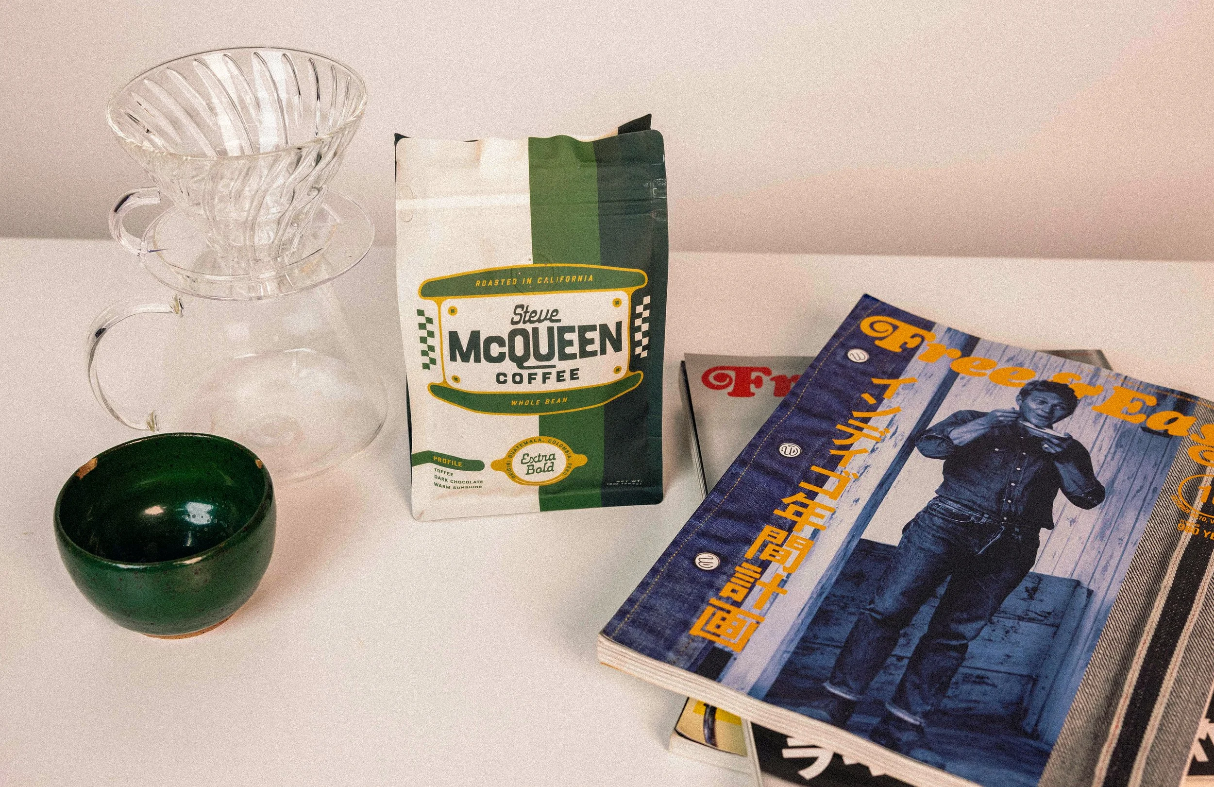 Steve McQueen Coffee soft pouch packaging design with motorsport-inspired branding