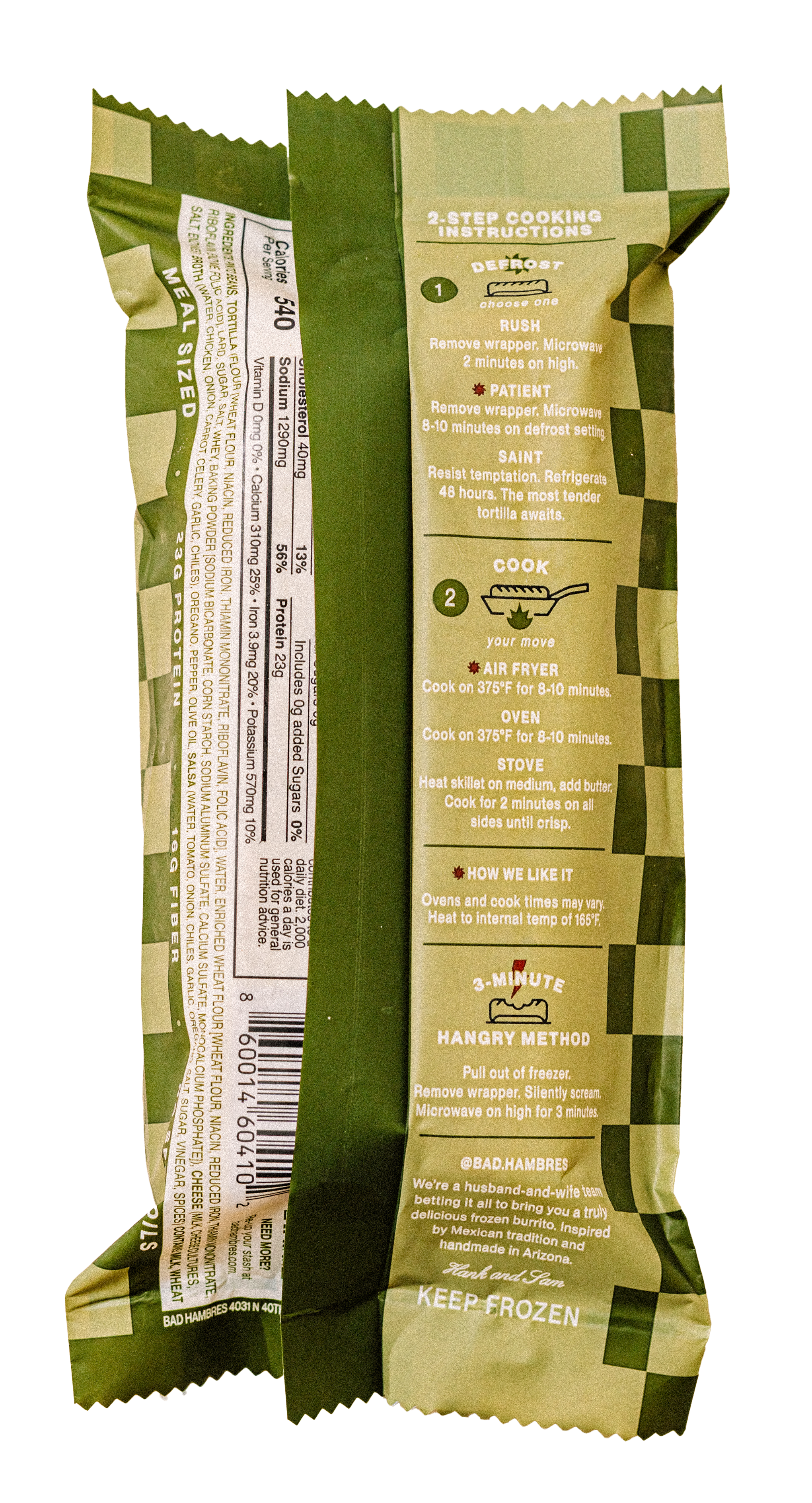 Bad Hambres individually wrapped burrito with custom packaging design back information detail