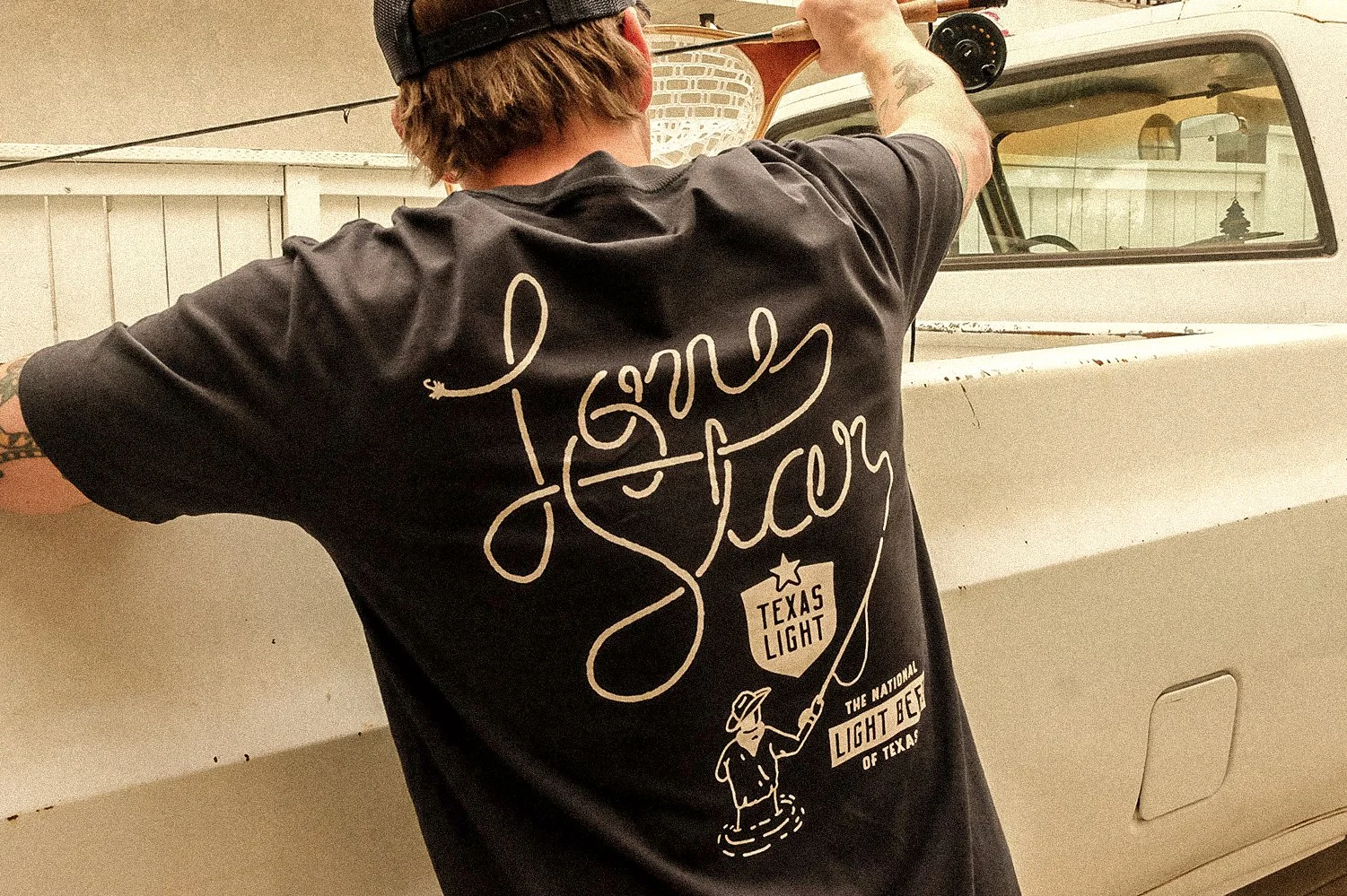 Lone Star Beer fly fish script lettering back of shirt design detail