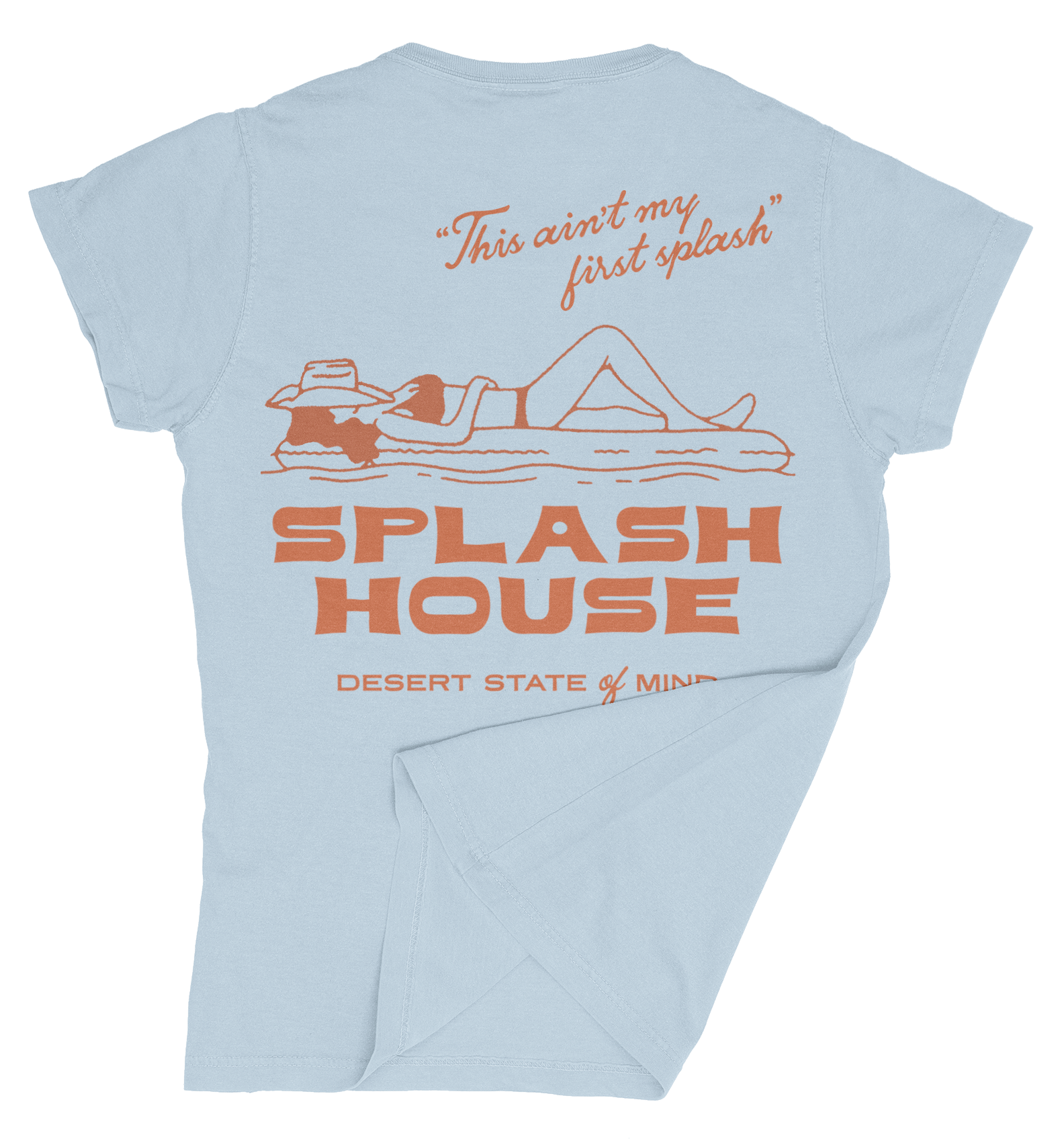 This ain't my first splash cowgirl floating in pool back shirt graphic for Splash House merch collection.