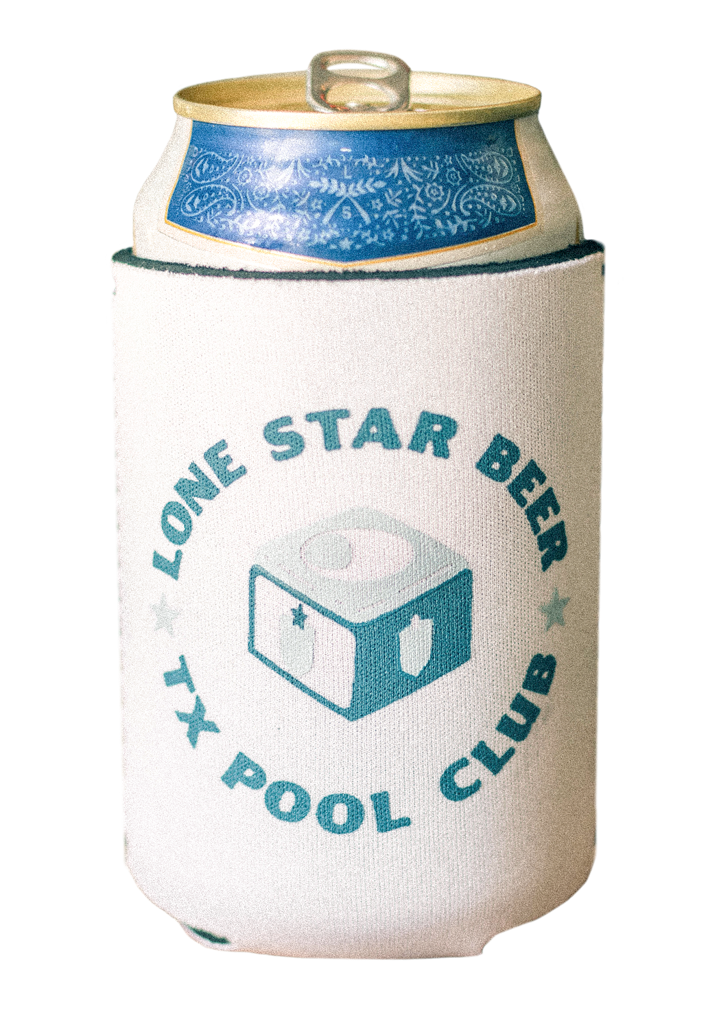 Lone Star Beer koozie merch design featuring TX pool club and a branded pool chalk illustration