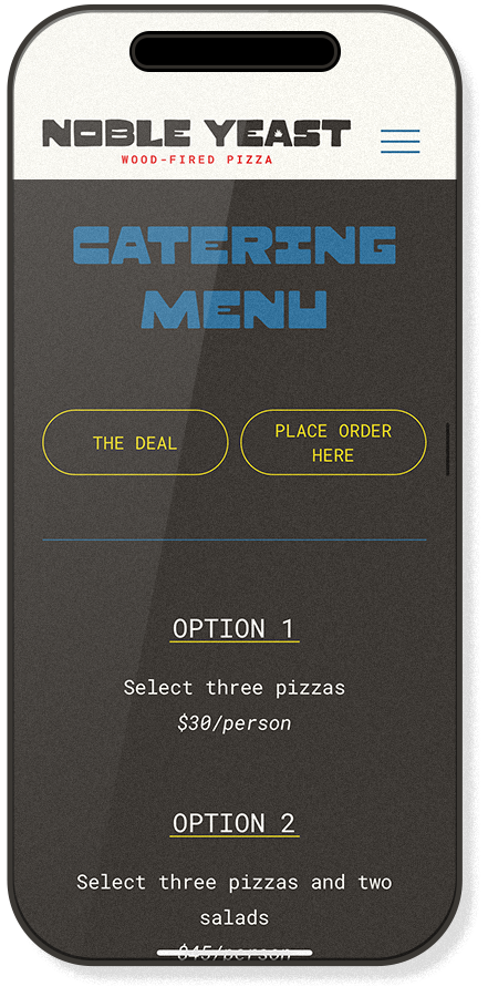 Noble Yeast mobile website design showing wood-fired pizza branding and catering menu layout