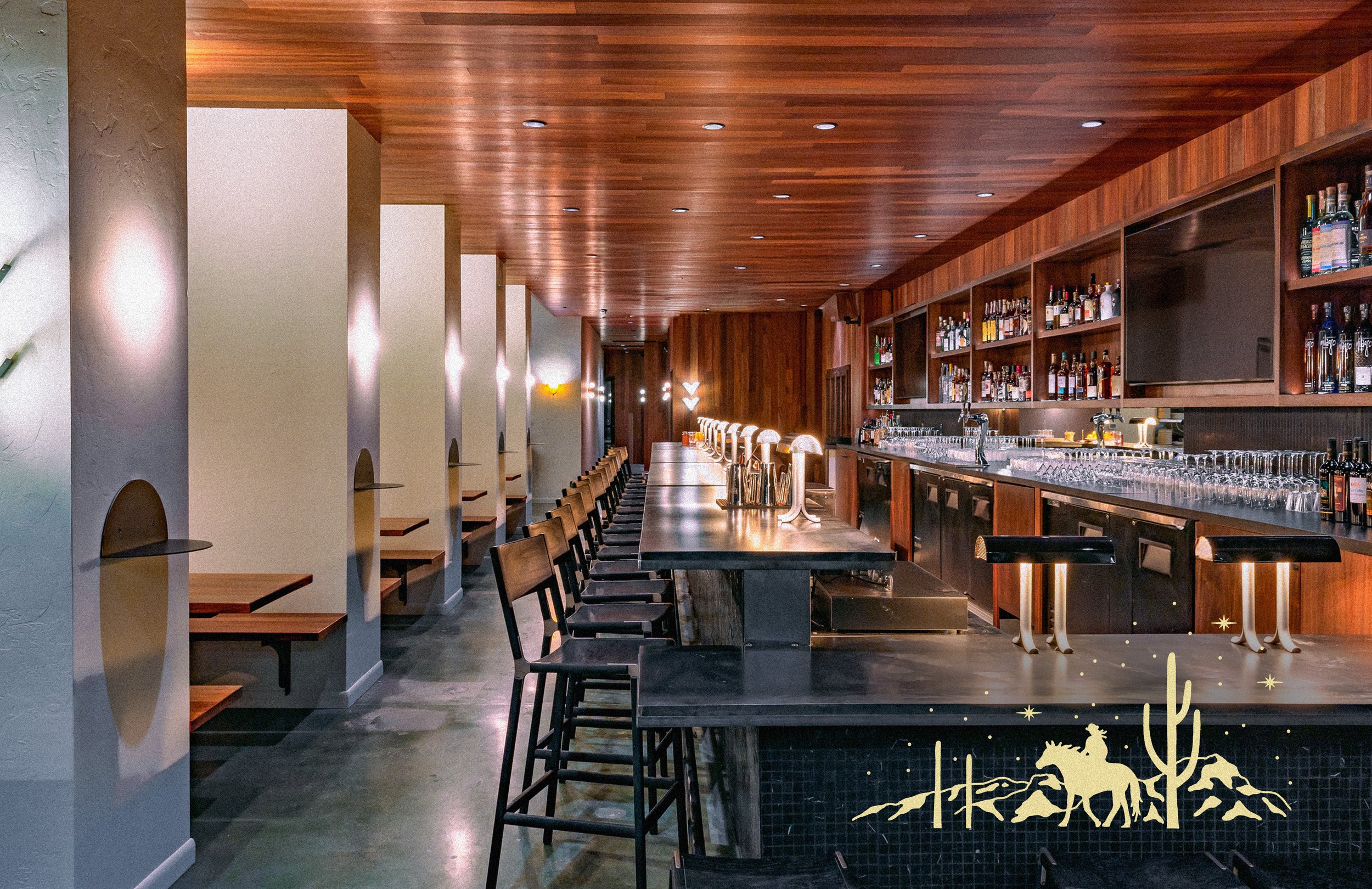 Miramonte restaurant bar featuring martini and old fashioned cocktail program and southwestern cowgirl desert illustration