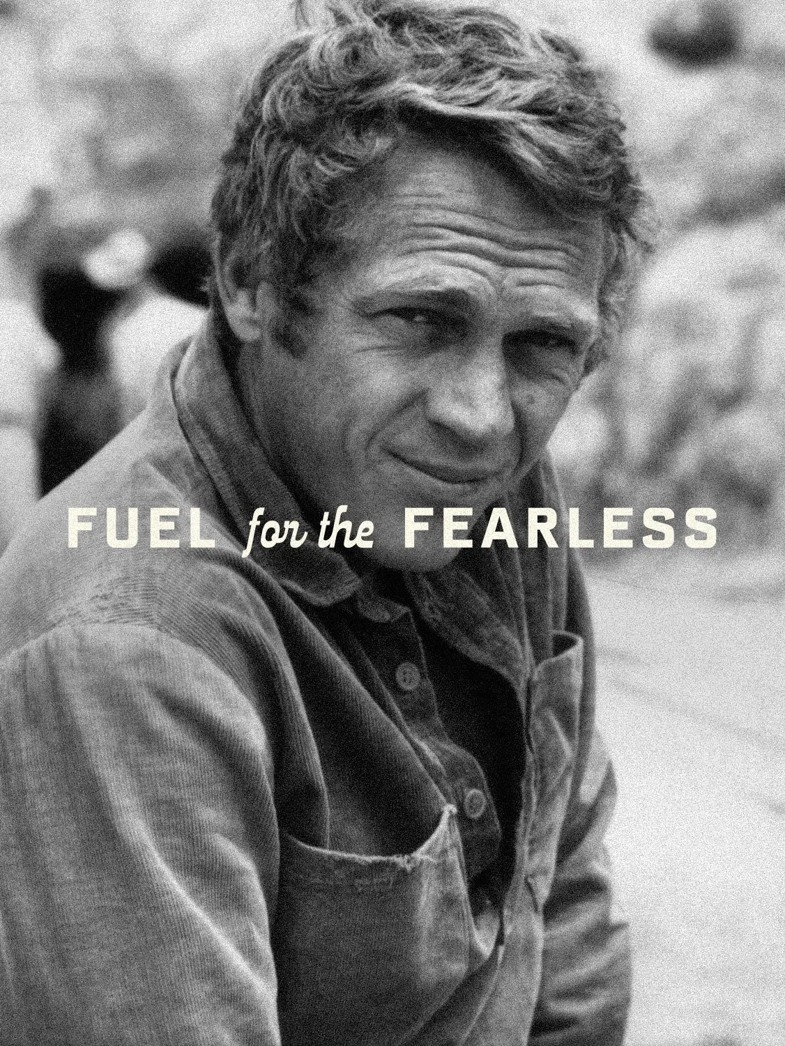 Steve McQueen Coffee brand tagline 'Fuel for the Fearless' over archival Steve McQueen portrait