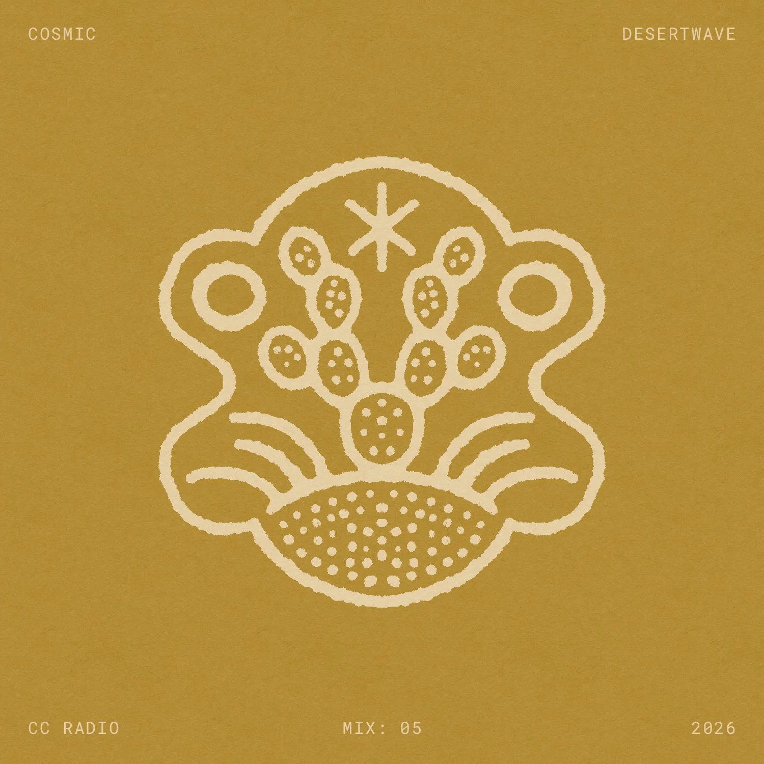 Cosmic Desertwave playlist cover for Cactus Country Radio mix 05, featuring a blooming saguaro, southwestern border, suns and star.