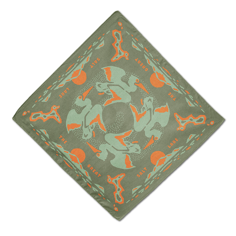 Hand-drawn pelican and ecosystem illustration on bandana merch design