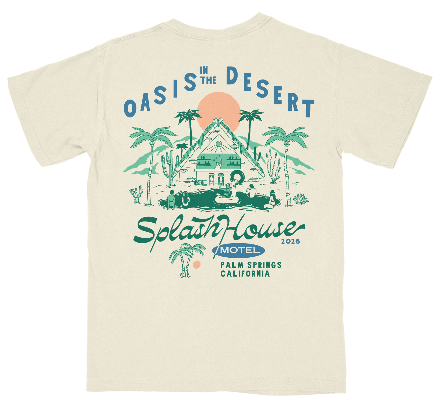 Oasis in the desert illustration with vintage hotel motel palm tree logo and pool party shirt back for Splash House merch collection.
