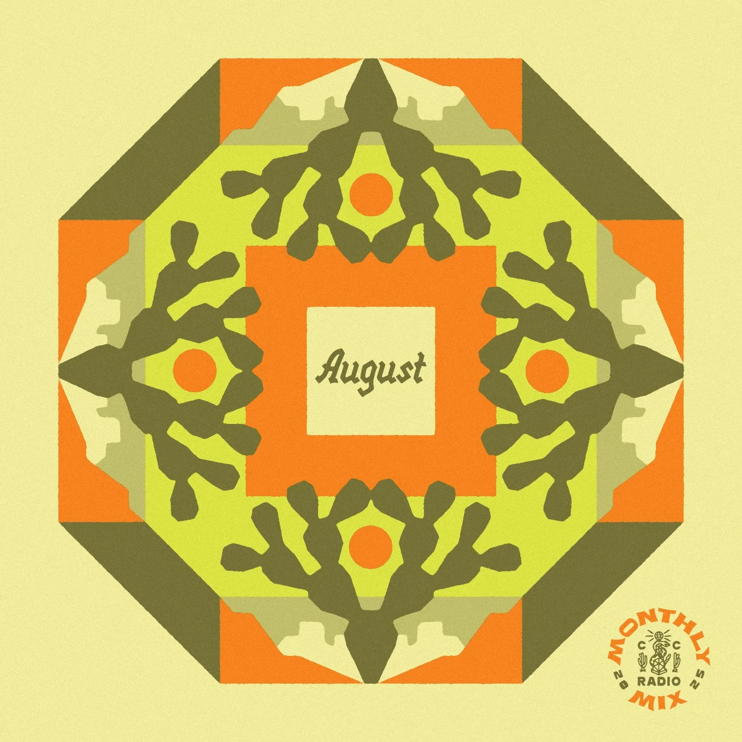 Cosmic desertwave playlist cover featuring a prickly pear cactus with an orange and green desert landscape for August 2025 spectral soundscapes