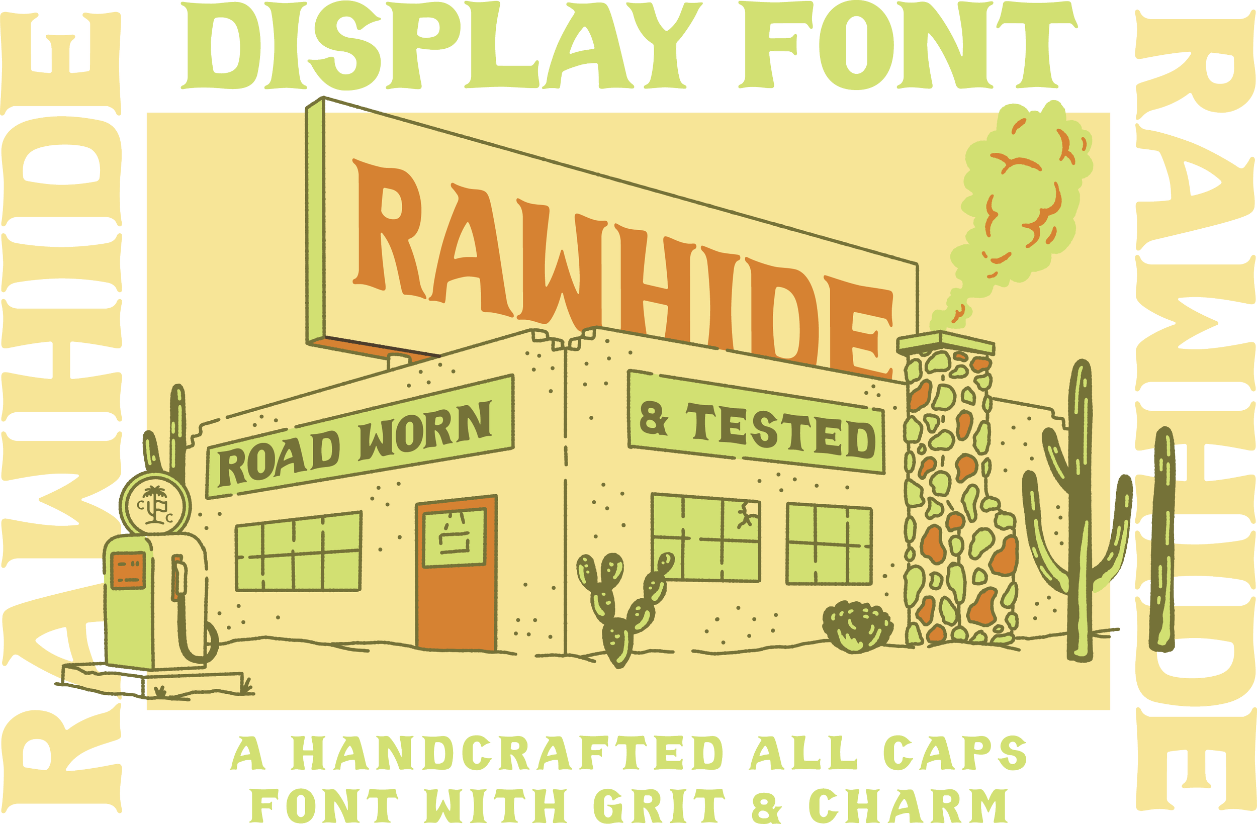 Rawhide western display font featured in vintage style illustration of old gas station in desert.