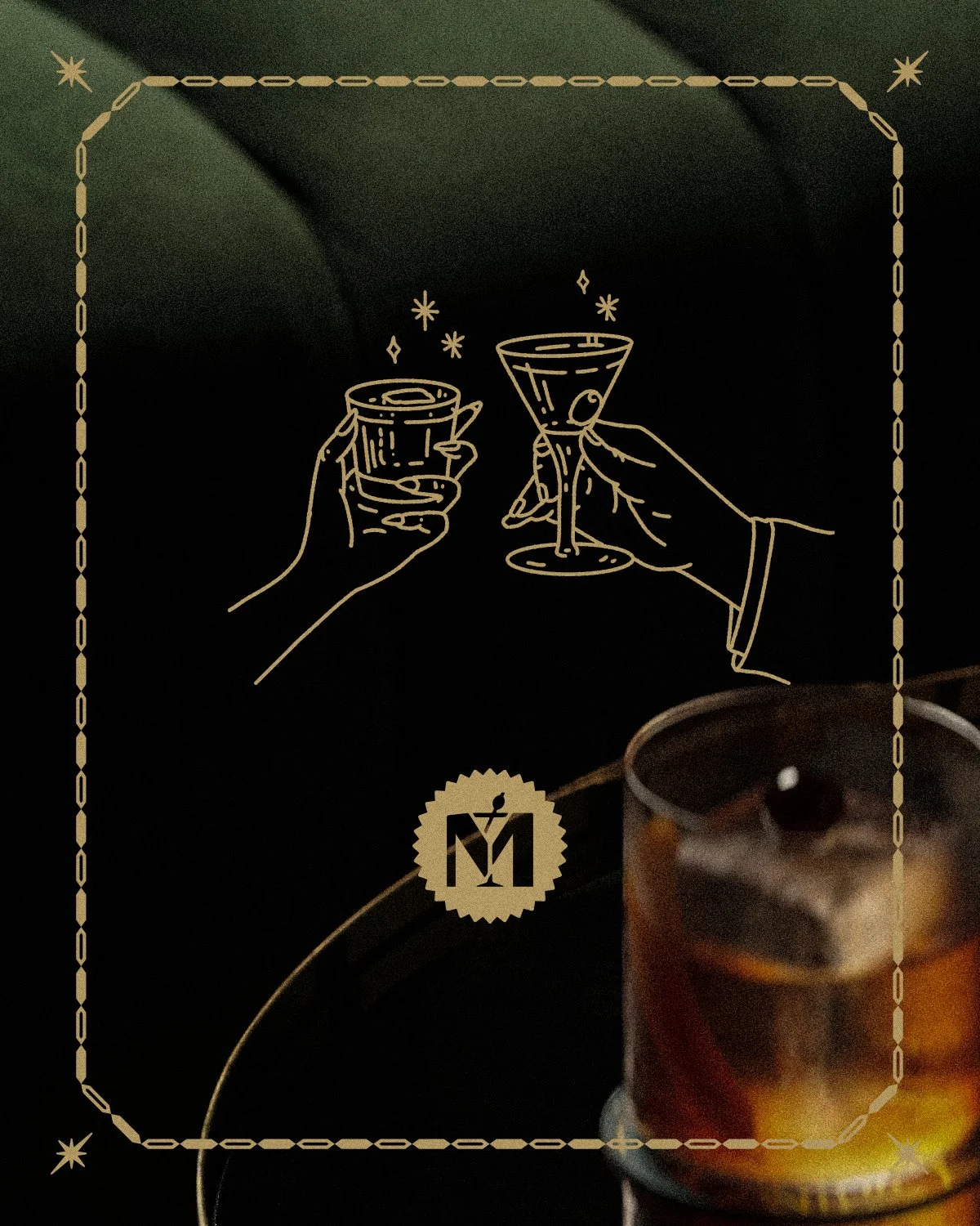 Vintage branding illustrations for Miramonte featuring two hands giving cheers with an old fashioned and martini