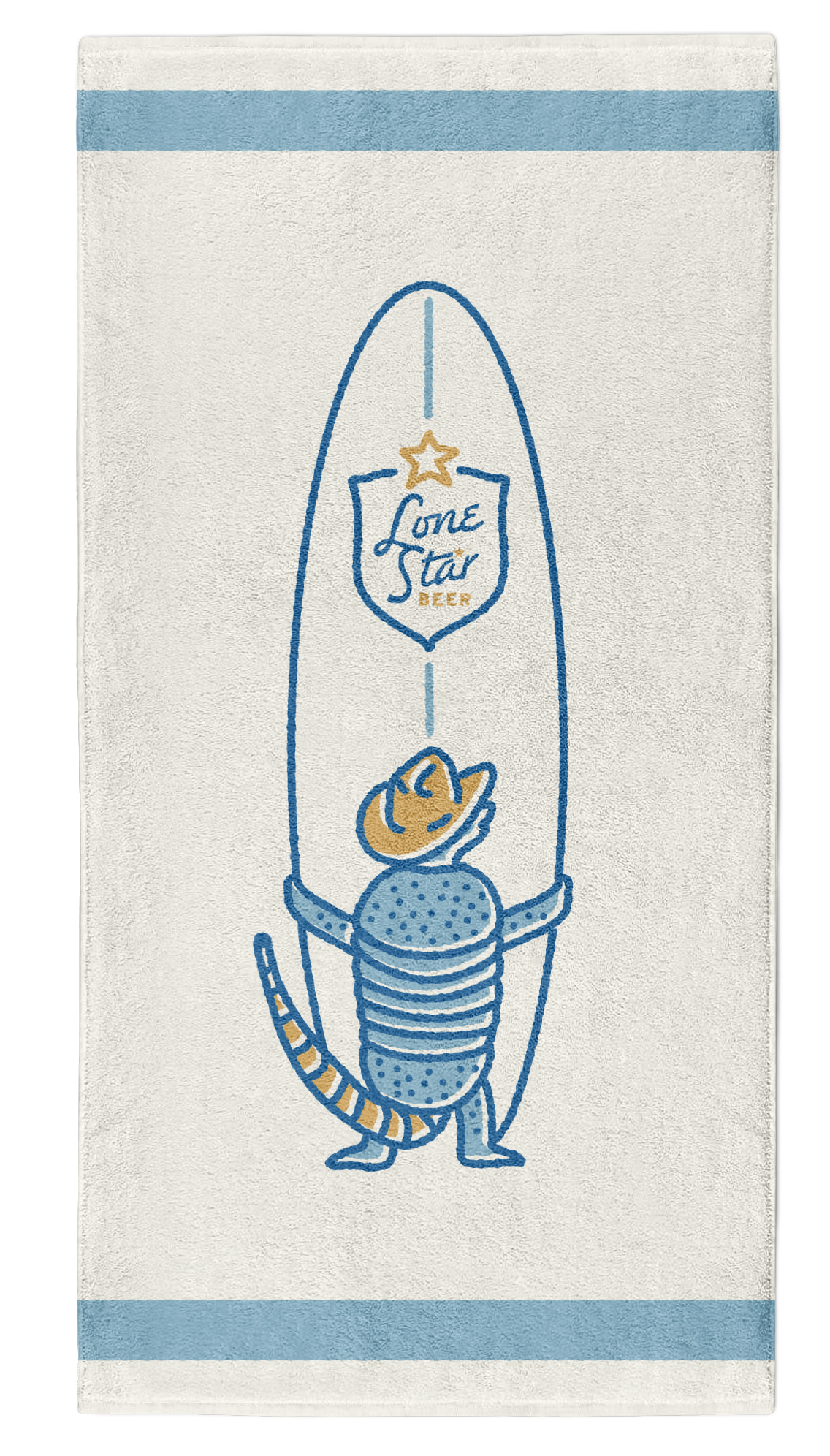 Vintage style towel with armadillo Lone Star Beer surf club graphic back design detail