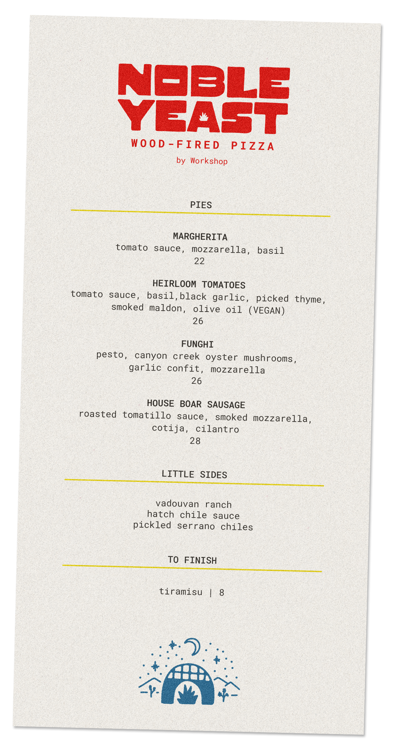 Custom menu design for Noble Yeast Neapolitan pizza catering