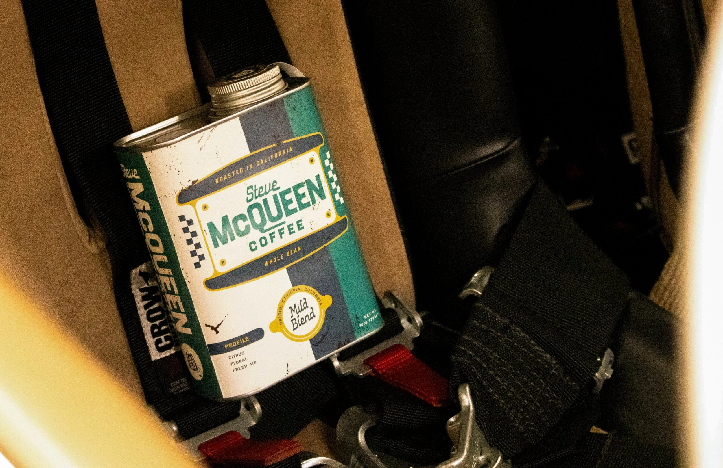 Steve McQueen Coffee branding and packaging design detail front of vintage oil tin