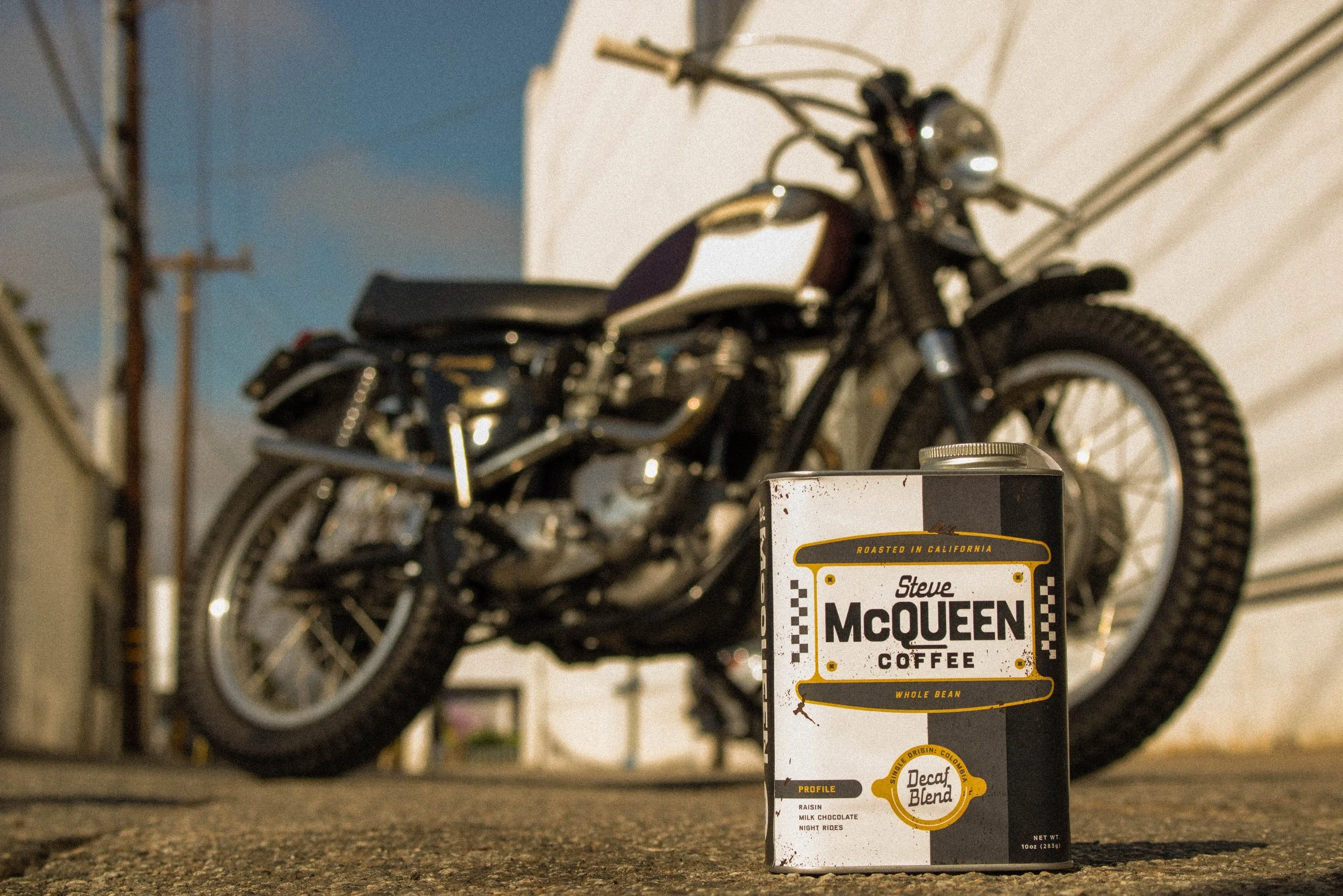 Steve McQueen Coffee collectible tin styled with vintage motorcycle