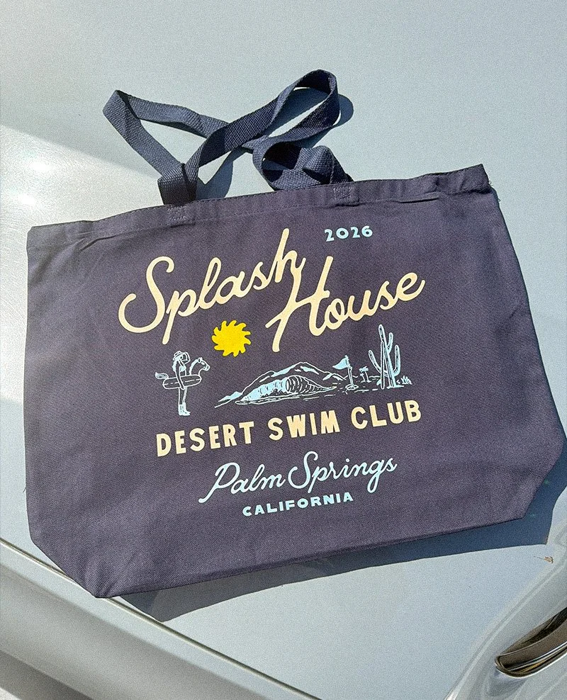 Swim club tote design with cowgirl and desert oasis scene for Splash House swim surf club merch collection.