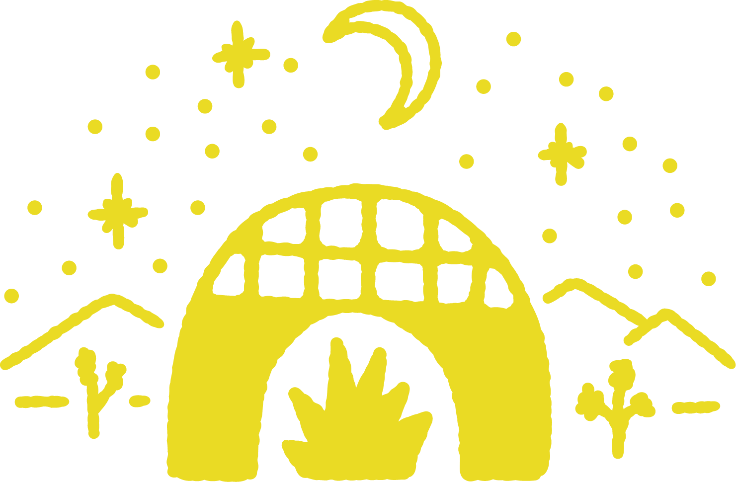 Noble Yeast hand drawn branded logo illustration featuring wood fired oven and joshua tree setting at night