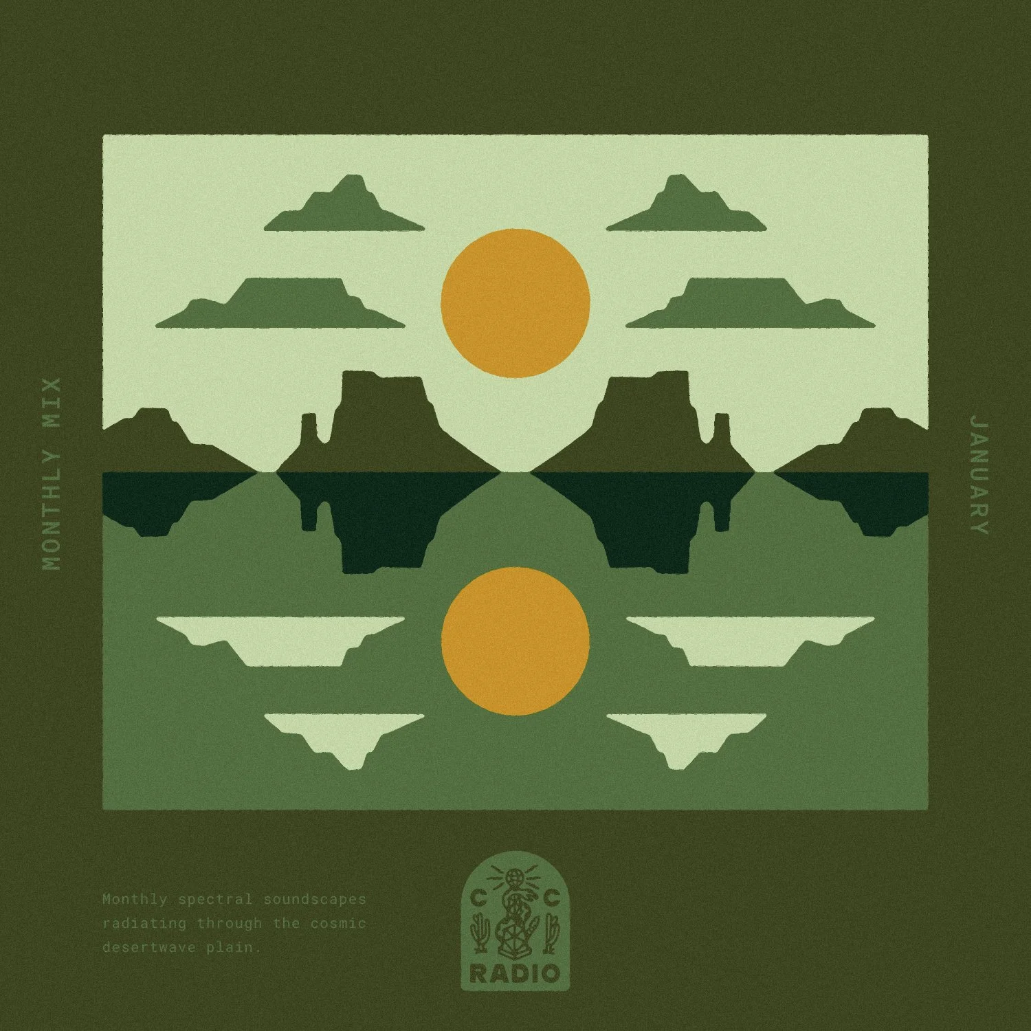 Cosmic desertwave playlist cover featuring a green color study and desert landscape for January 2026 spectral soundscapes