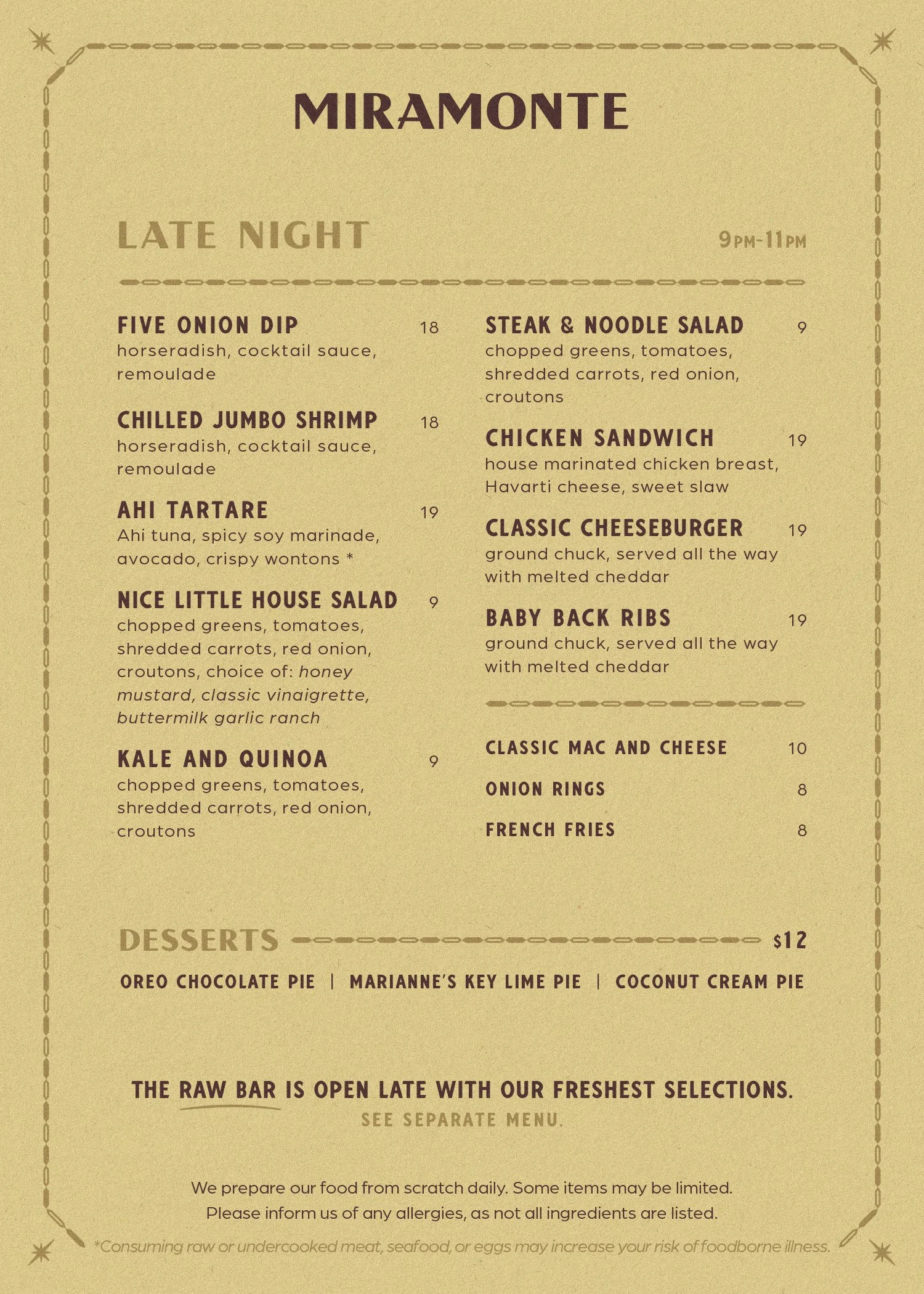 Miramonte late night dinner menu design featuring appetizers and deserts