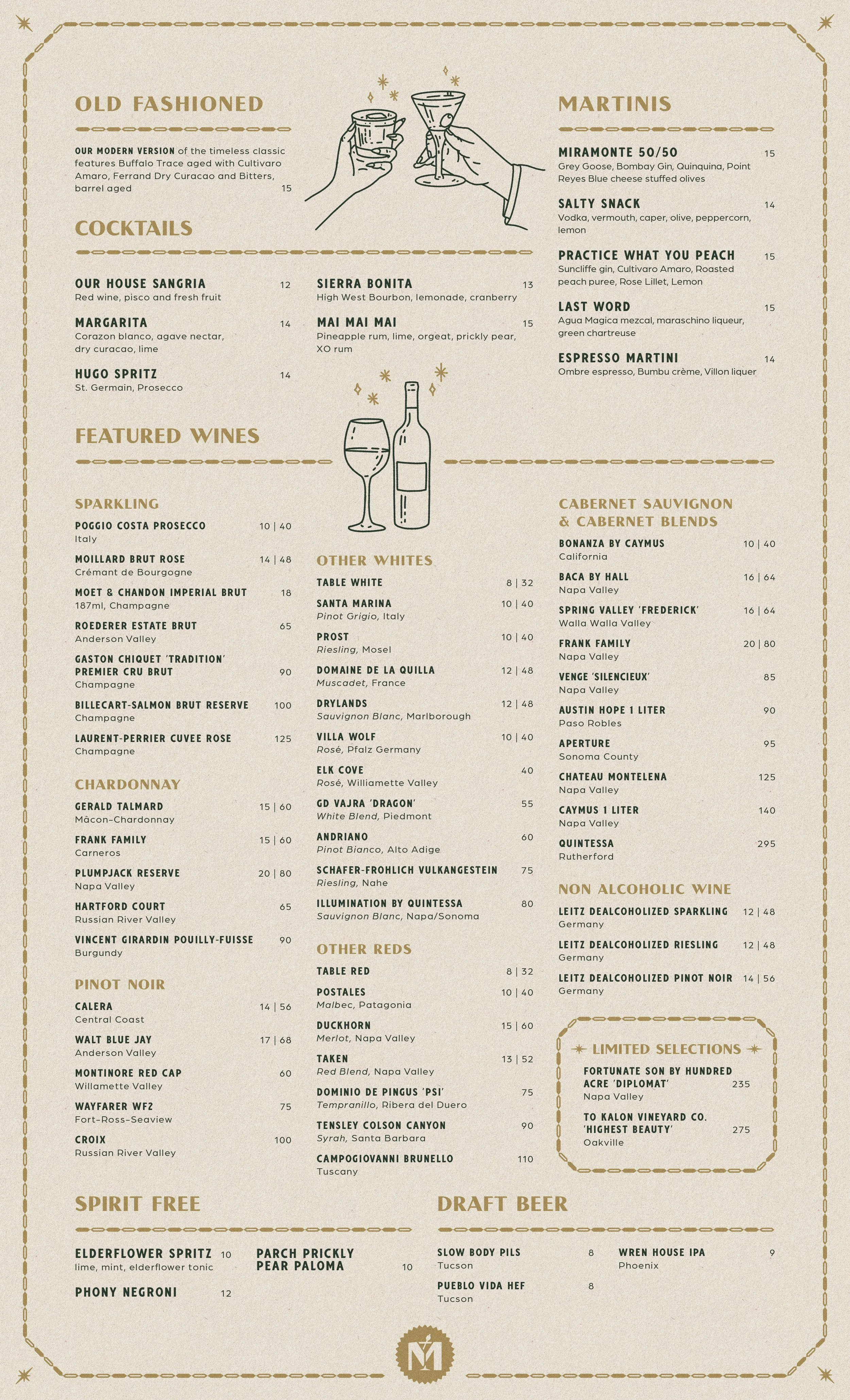 Bar menu design featuring martinis and old fashioneds and vintage illustrations for Miramonte restaurant
