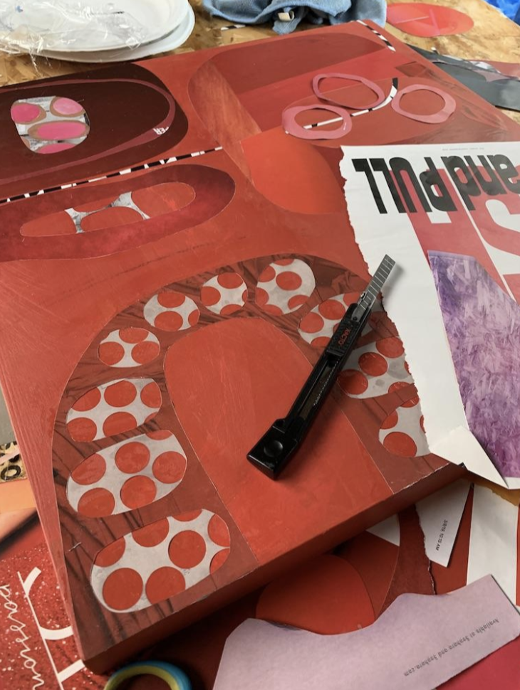 Suzanne’s collage work in process with paper from magazines.