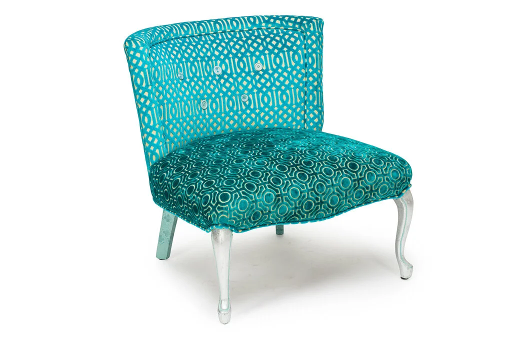 And the “after” re-imagined Aqua Blue Velvet chair