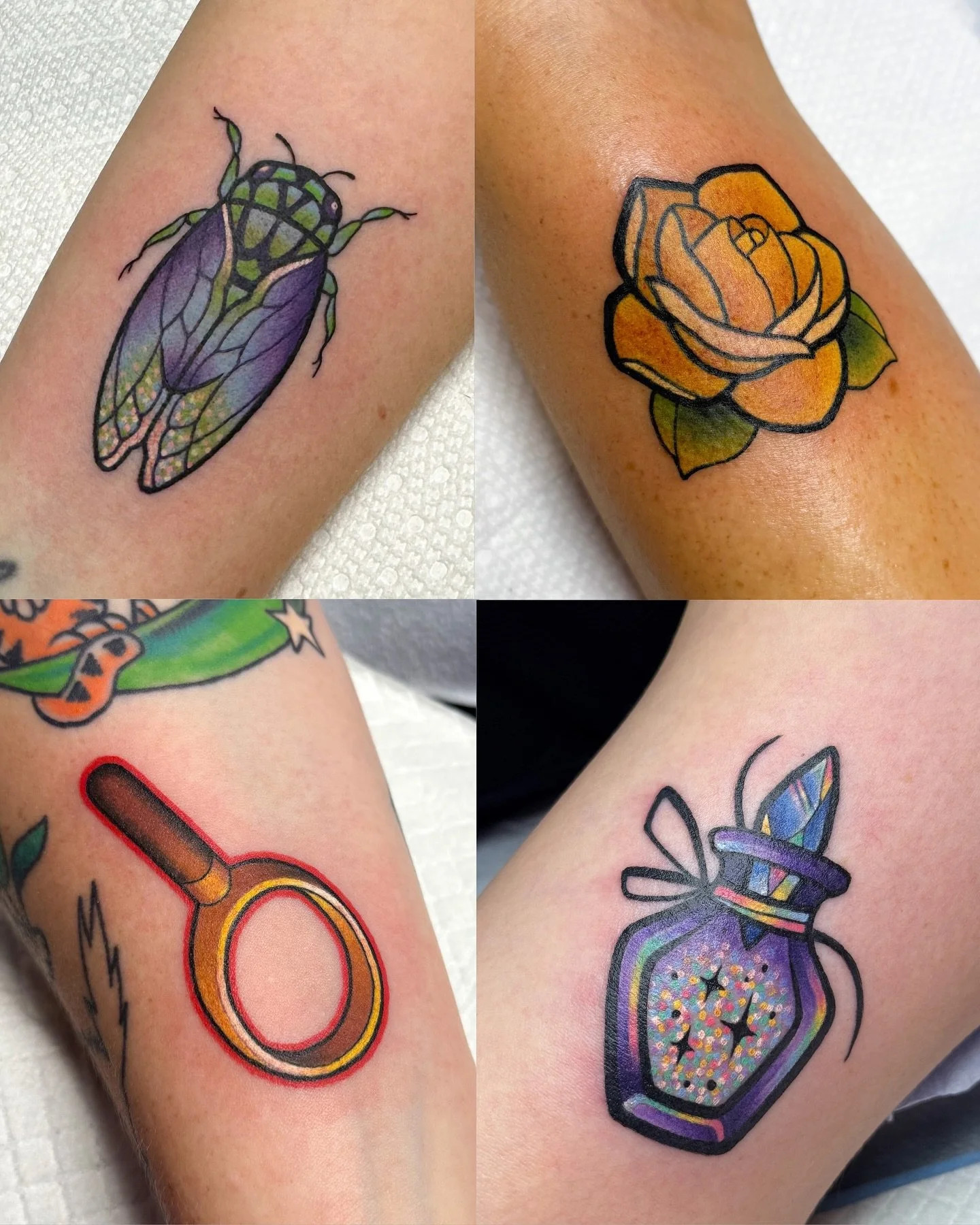 Another round-up of some minis! Some recent, some from earlier in the year + the magnifying glass was a custom Nancy Drew game icon but it just fits in so well 😁

#parlorsuites #ohiotattooartist #columbustattooartists #colortattoos #smalltattoos #cu