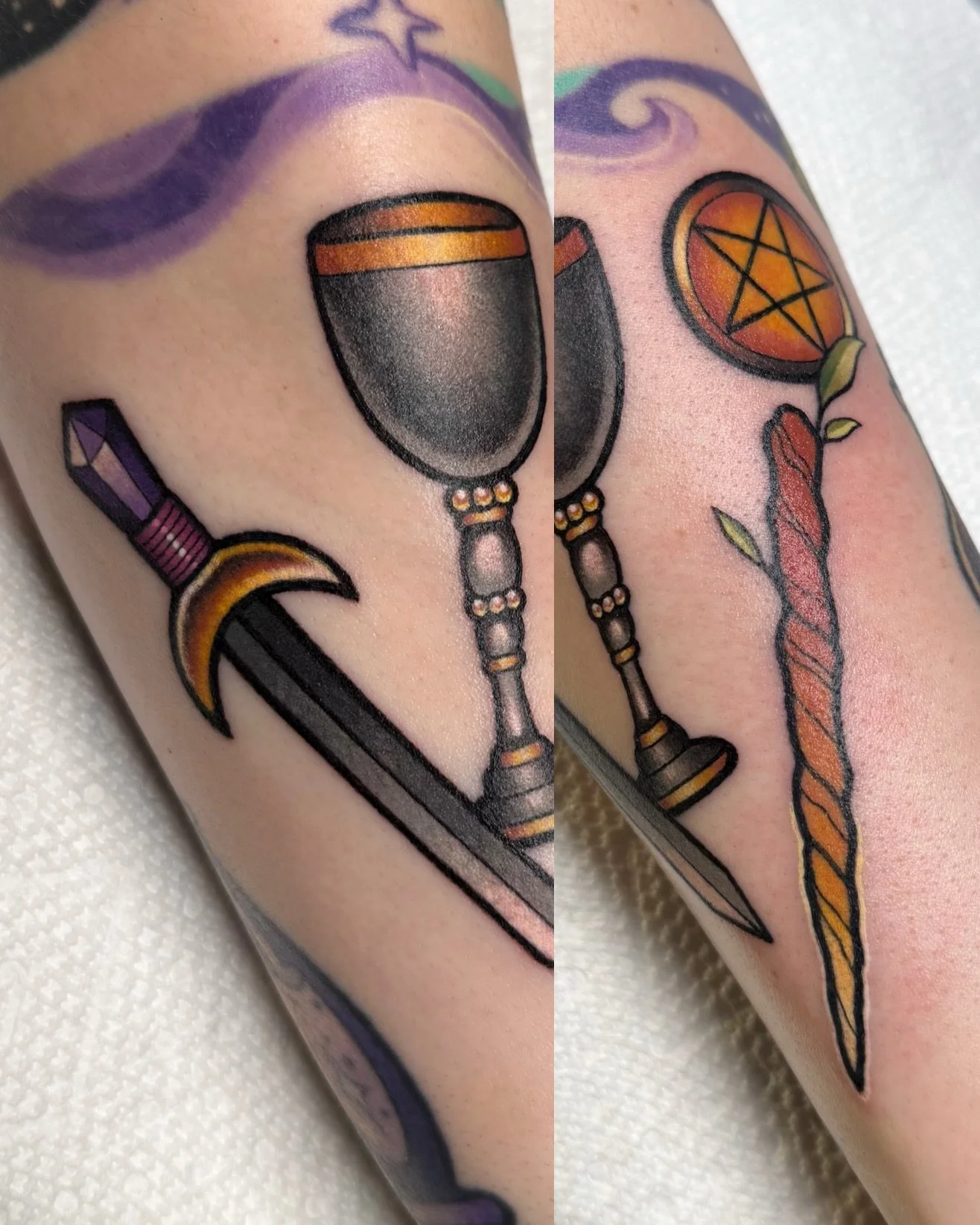 Filling in Kristin&rsquo;s forearm with &ldquo;witchy stuff&rdquo; &ndash; starting with the tarot suits 🗡️🏆 Keeping the top of the forearm open so I can put something fun and dangly there + lots more filler to come!! Thanks so much Kristin 🔮✨

Al