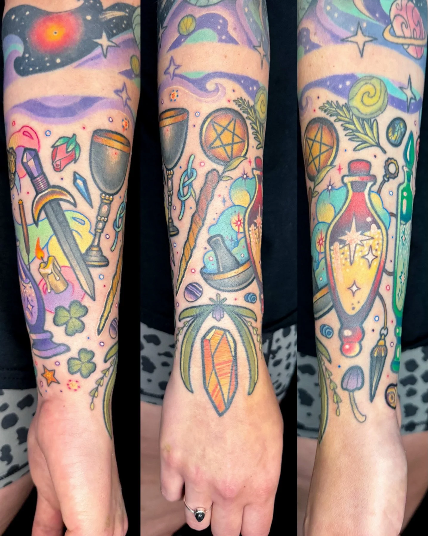 Finished up this ~1/4 sleeve of &ldquo;witchy stuff&rdquo; on Kristin the other day! (The spacey cuff above was done by @nicoleelisaart 🪐) Some of the filler is fresh but most of this is healed with some small touch-ups throughout. Thanks so much, K