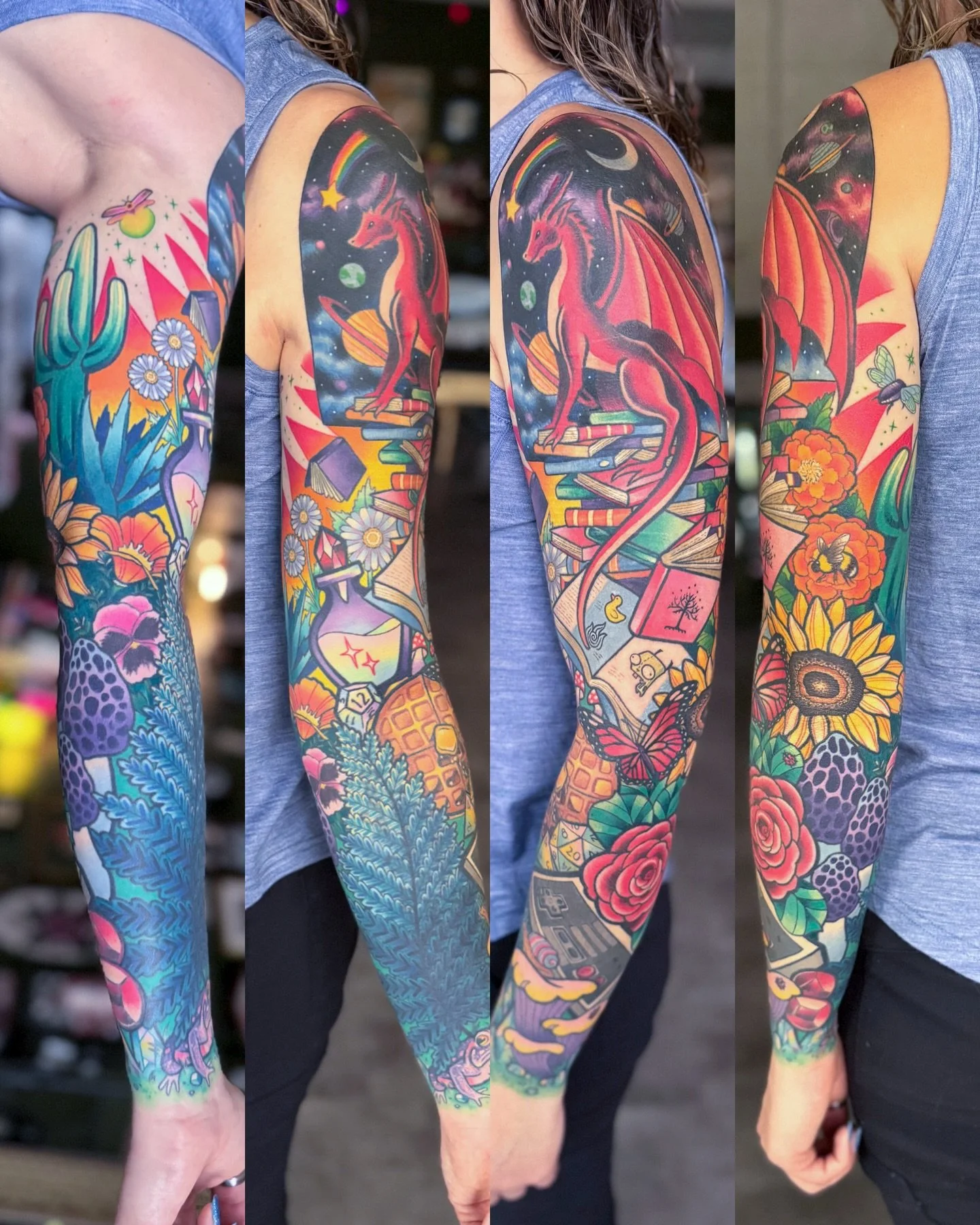 ✨HEALED✨ sleeve on Kate! (Made over the last 2.5 years.) A visual collage of all of her favorite things + the fern is a cover-up! Finishing big projects like this is always so bittersweet 🥲 It&rsquo;s been an absolute pleasure getting to work on thi