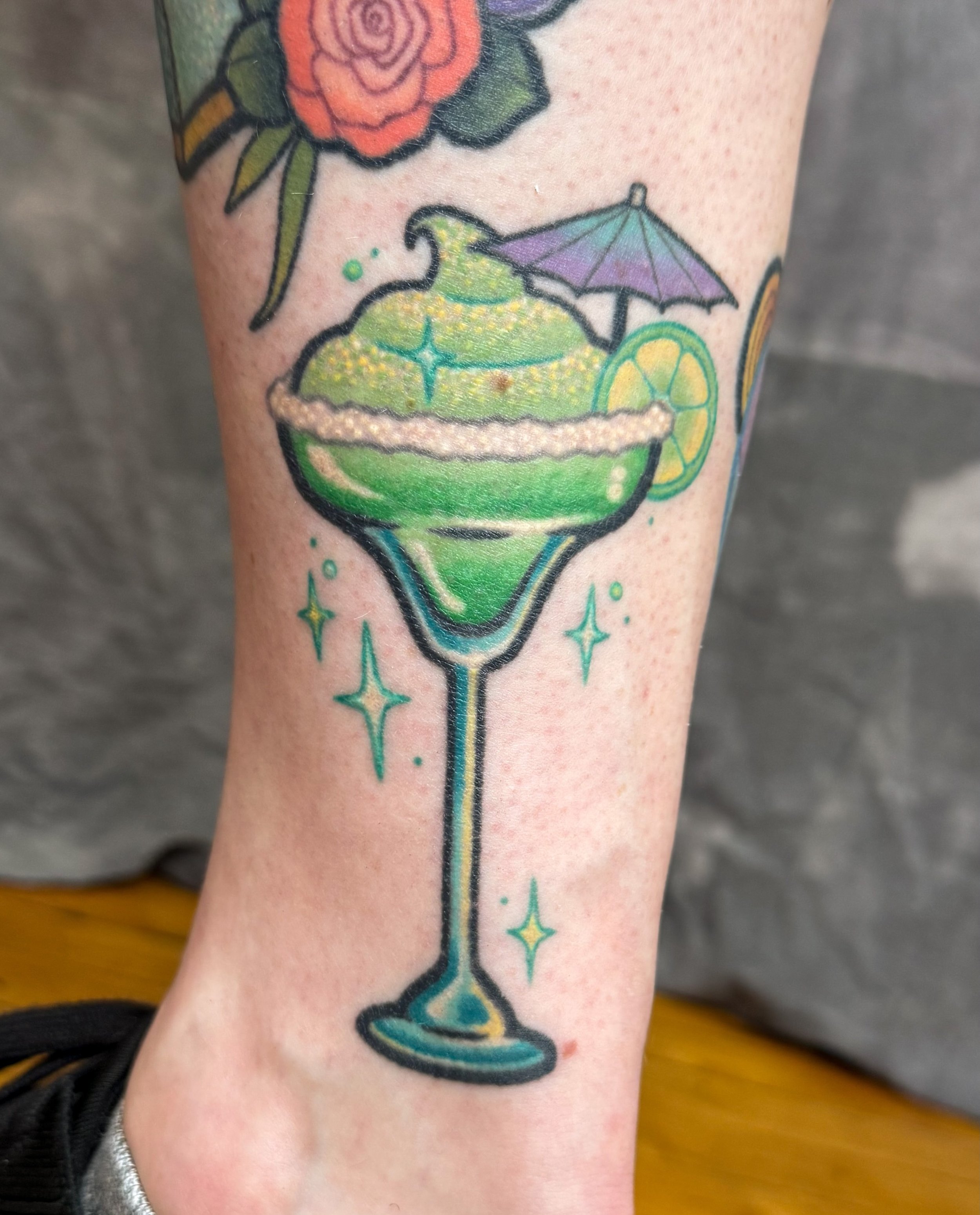 A shitload of healed stuff on Jocelyn!! + new bride and groom worries 🪱💍 Most of these tattoos are several years old, the newest being the margarita glass (1+ years healed from last year&rsquo;s Brooklyn guest spot)🍋&zwj;🟩 @jocelynschneider, I ad
