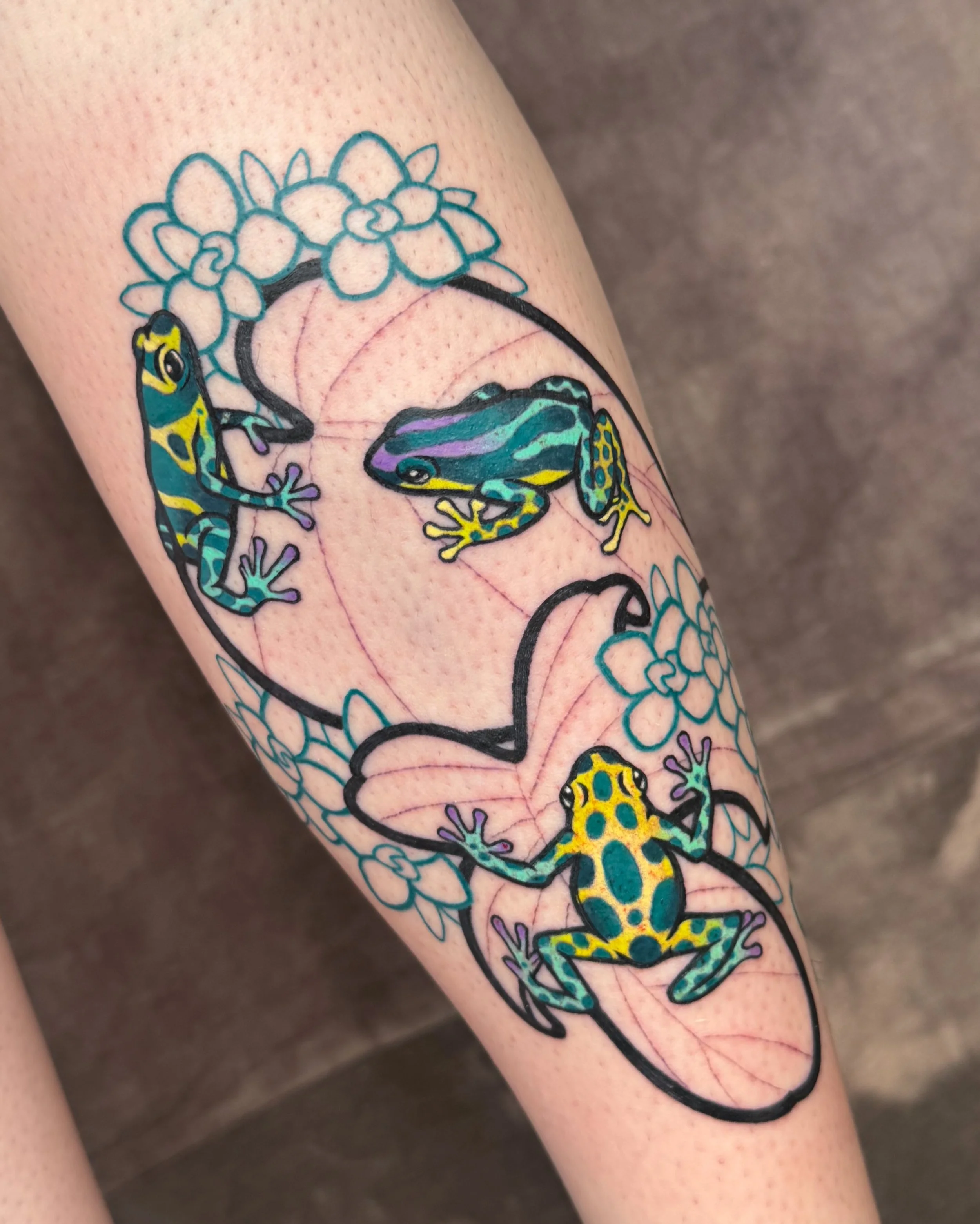 The start of a really lovely poison dart frog piece on Melissa! 🐸💕 Made on day 2 at @estuarytattoo &ndash; we will hopefully get to finish the color in Nov 🤔 Thanks for sitting tough through that shin bone, Melissa!! 🫶

📢 I would love to do more
