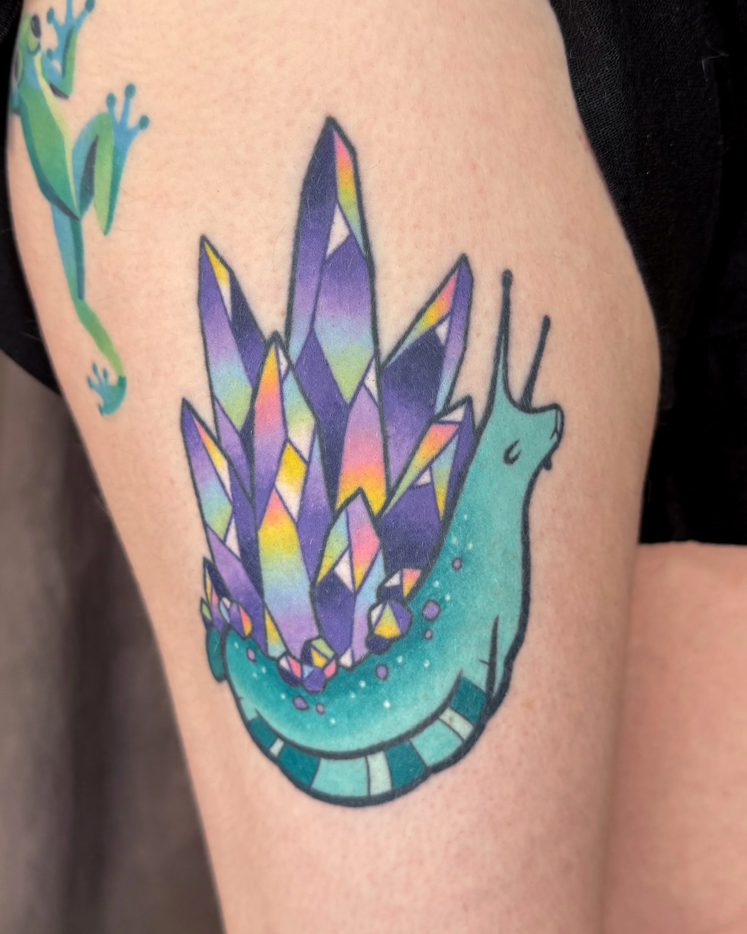 Some healed ones on Melissa! The snail is 2 years healed and the pothos jar is a little over a year healed 🌱💎 Both made at @estuarytattoo 

#ohiotattooartist #cutetattoos #colortattoos #healedtattoos #whimsicaltattoo