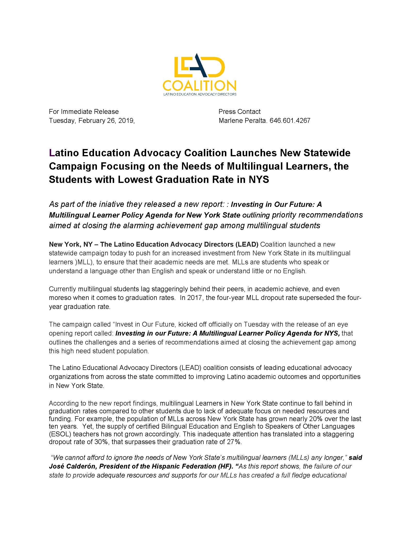Latino Education Advocacy Coalition Launches New Statewide Campaign Focusing on the Needs of Multilingual Learners, the Students with Lowest Graduation Rate in NYS