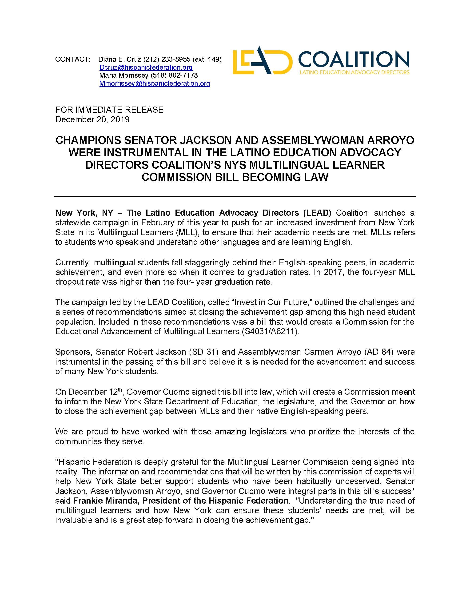 Champions Senator Jackson and Assemblywoman Arroyo Were Instrumental in the Latino Education Advocacy Directors Coalition’s Multilingual Learner Commission Bill Becoming Law