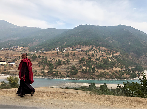 A monk walking along a river in Bhutan.png